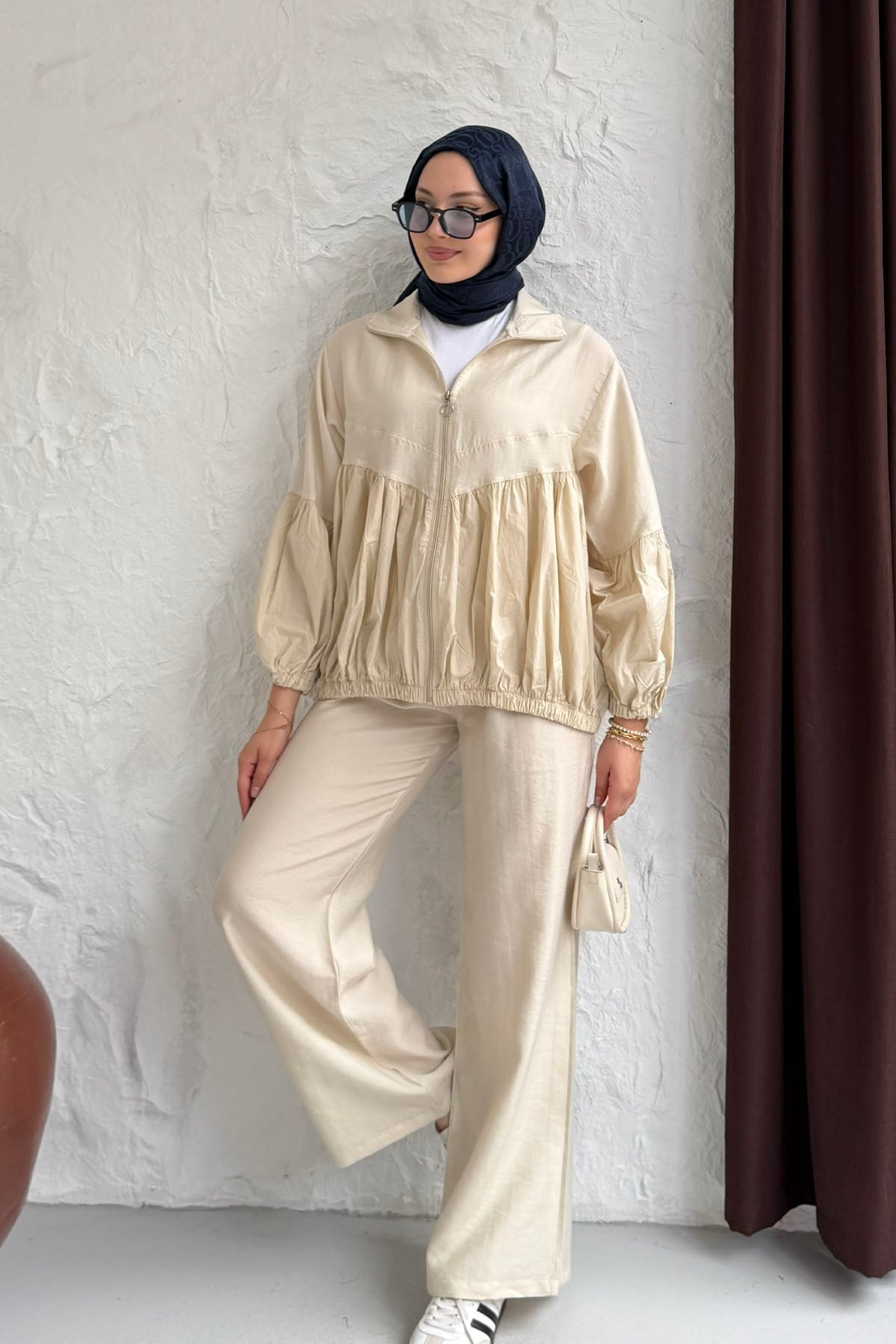 Üst Fermuarlı Balon Kol Peplum Tesettür Takım-TAŞ