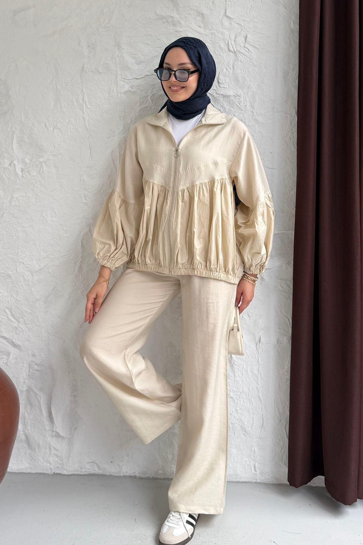 Üst Fermuarlı Balon Kol Peplum Tesettür Takım-TAŞ