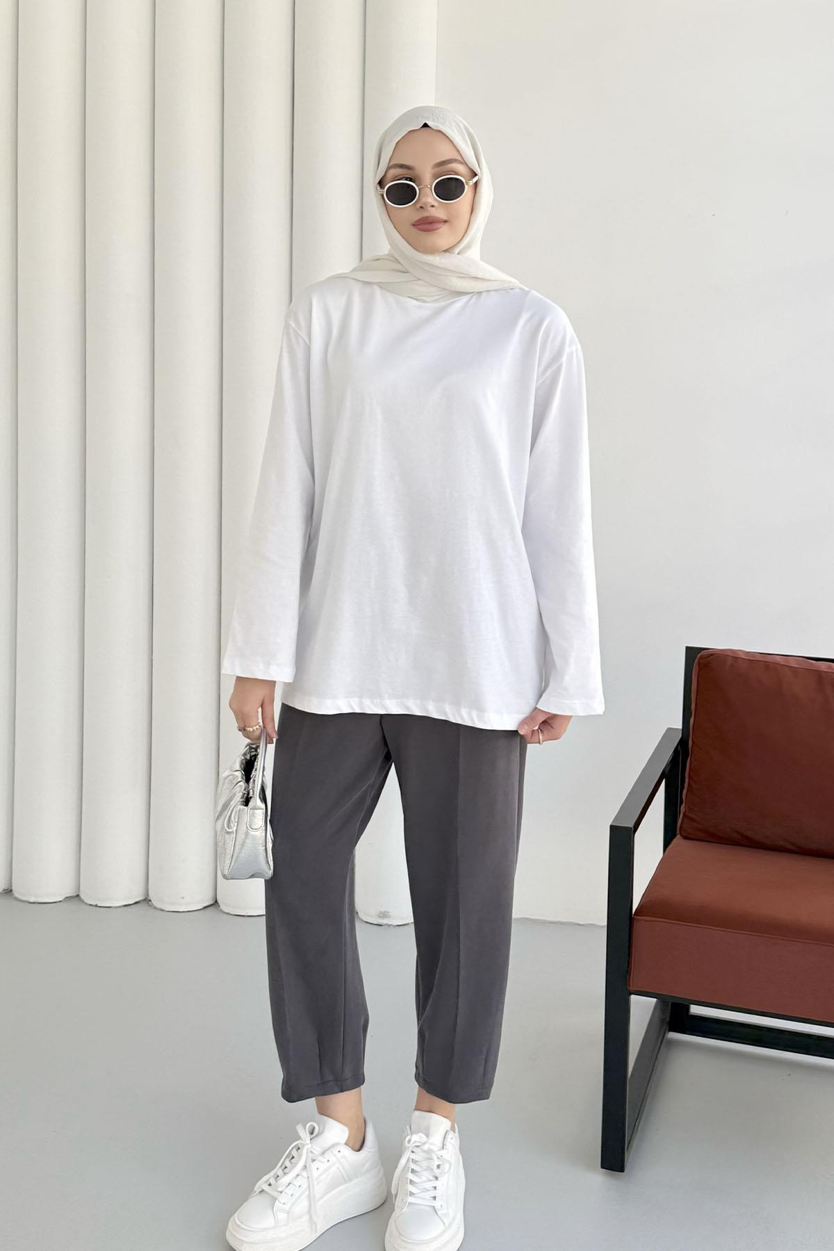 Uzun Kollu T-Shirt-BEYAZ