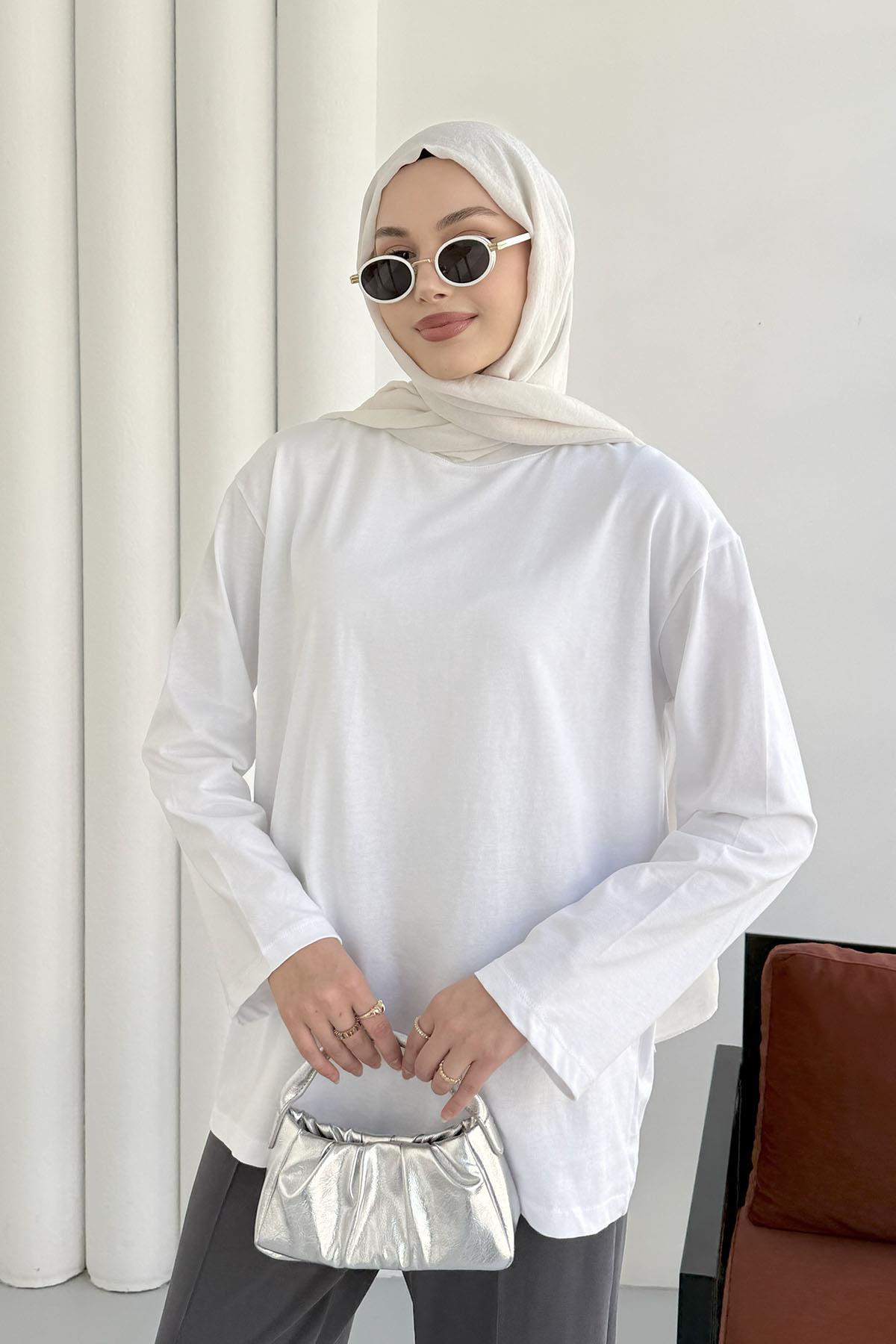 Uzun Kollu T-Shirt-BEYAZ