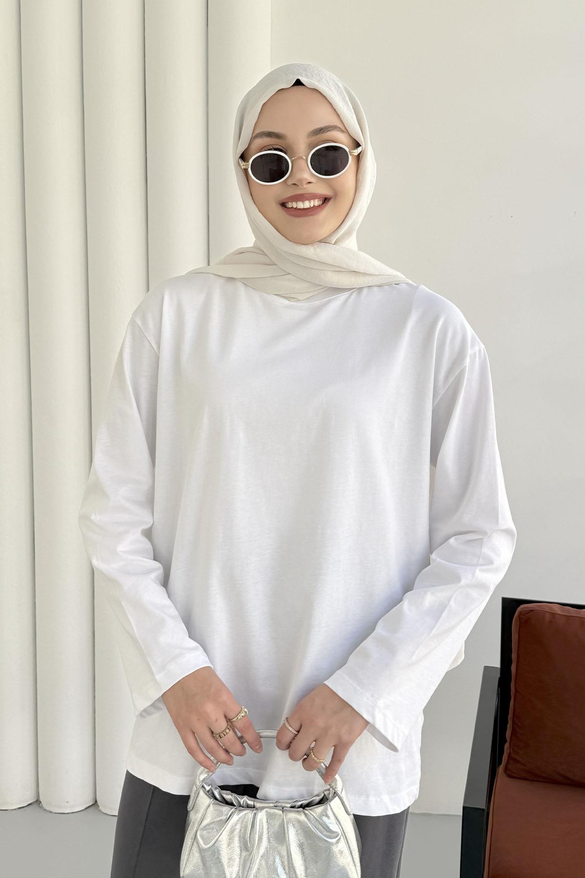 Uzun Kollu T-Shirt-BEYAZ