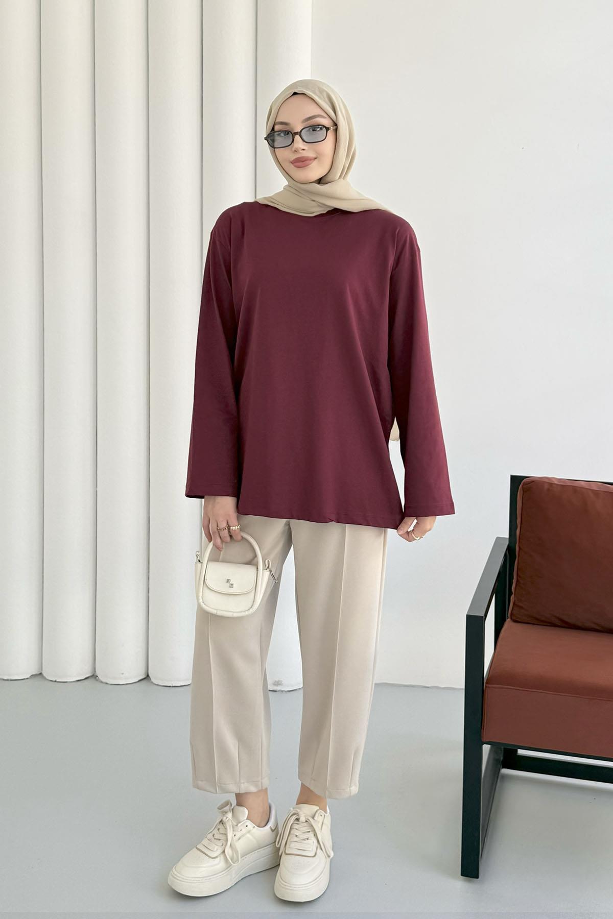 Uzun Kollu T-Shirt-BORDO