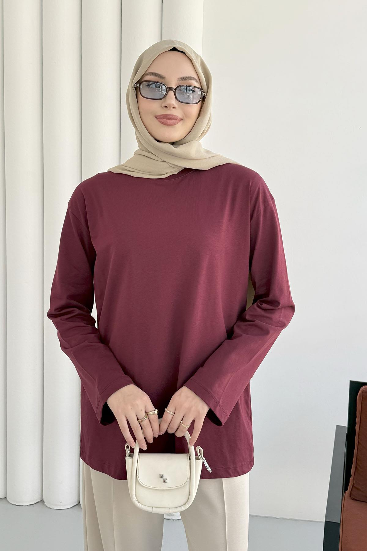 Uzun Kollu T-Shirt-BORDO