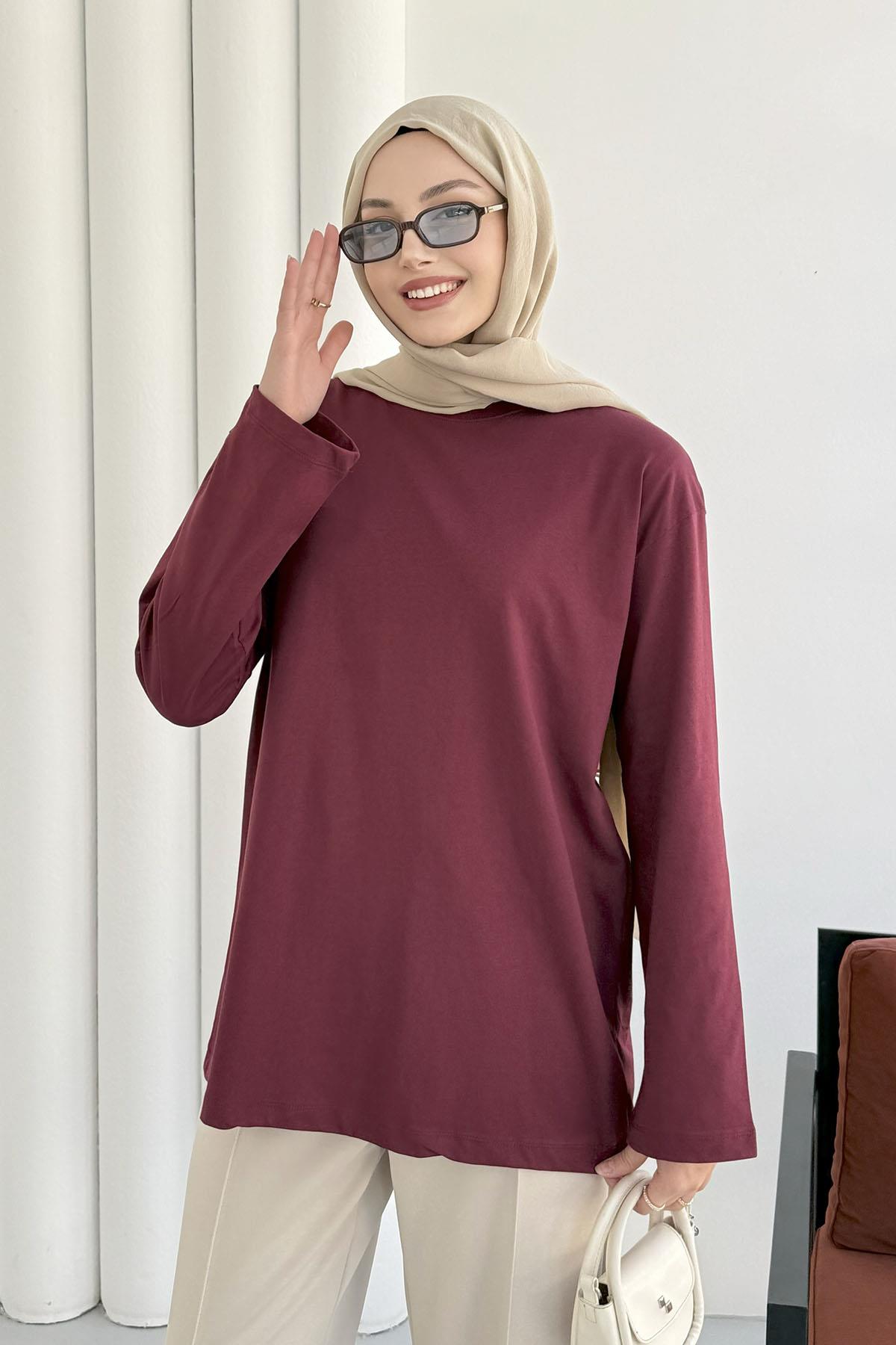 Uzun Kollu T-Shirt-BORDO