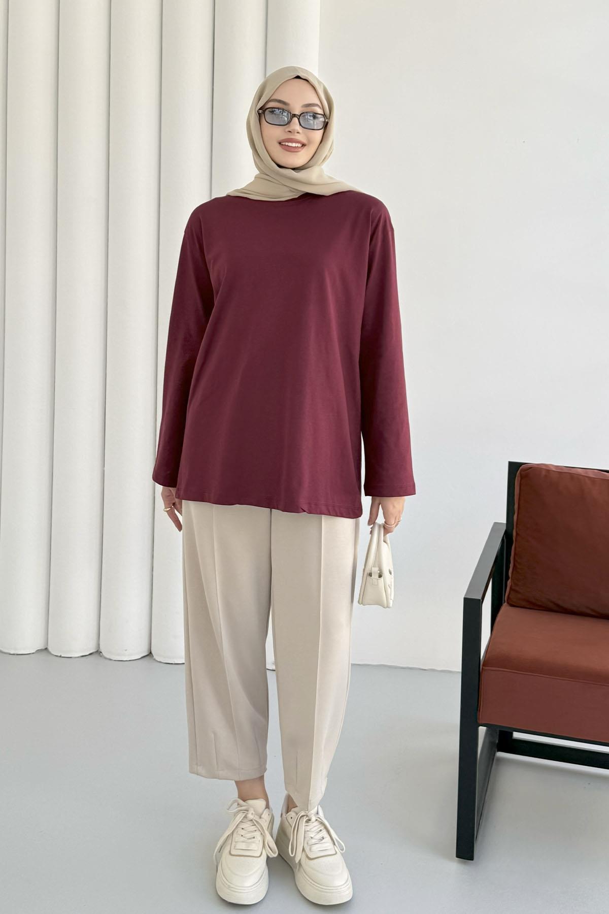 Uzun Kollu T-Shirt-BORDO