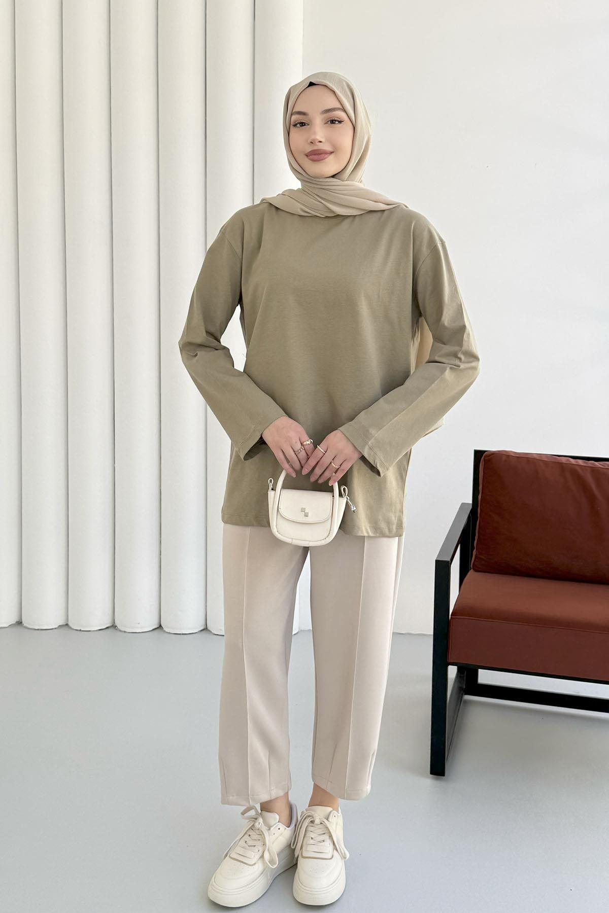 Uzun Kollu T-Shirt-HAKİ YEŞİL