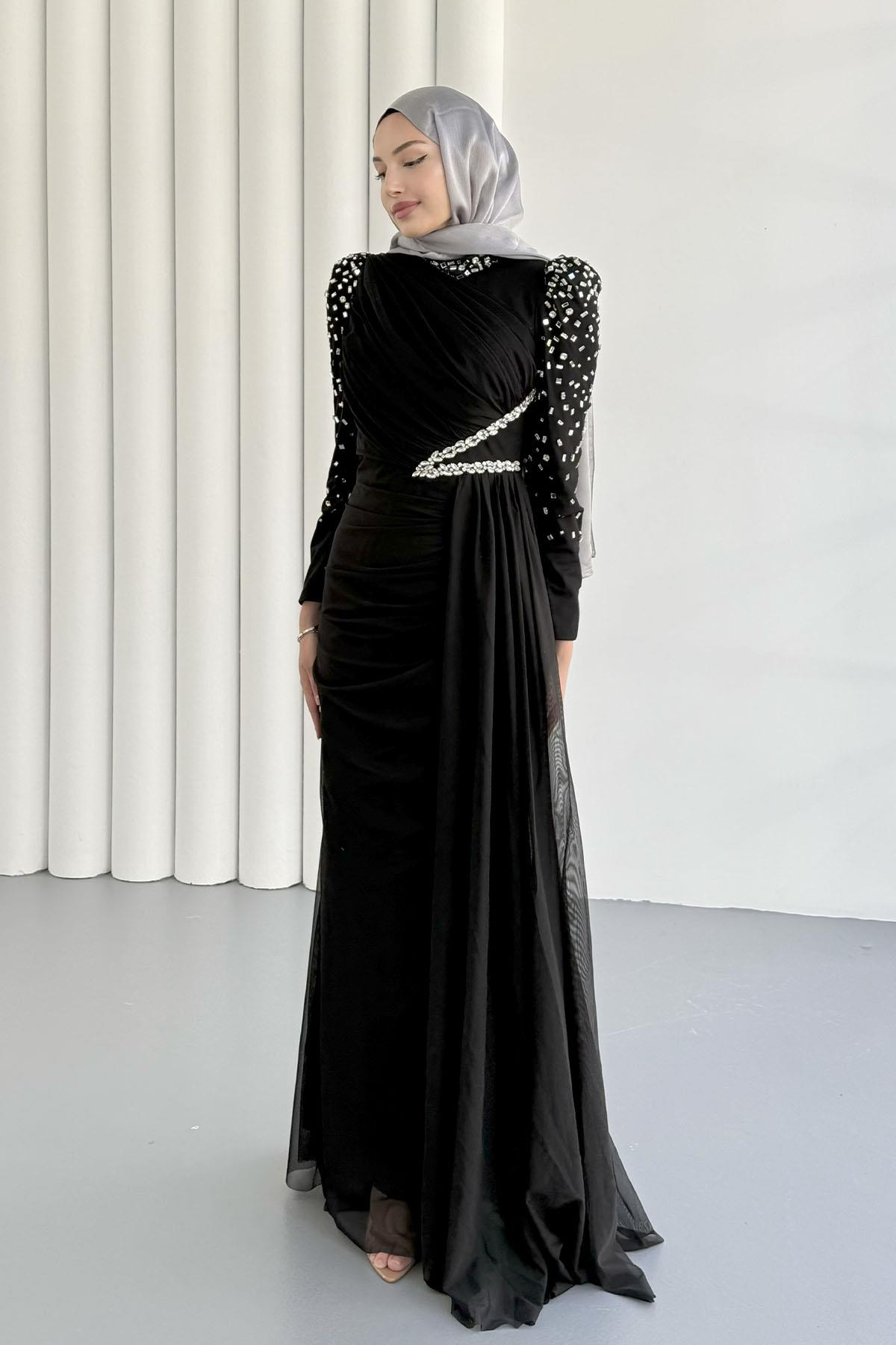 Vera Pelerin Ve Taş Detay Tül Tesettür Abiye-SİYAH