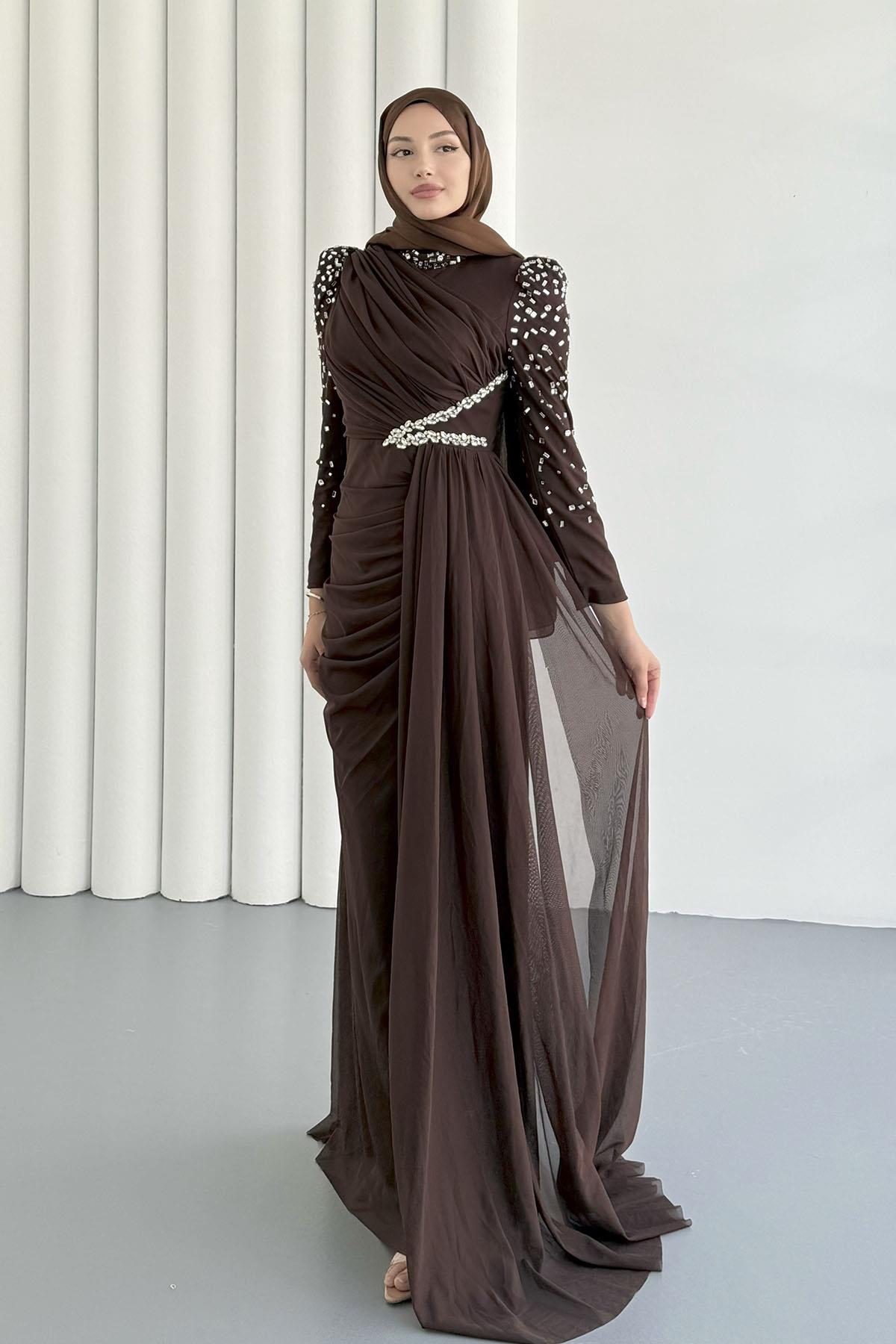 Vera Pelerin Ve Taş Detay Tül Tesettür Abiye-KAHVERENGİ