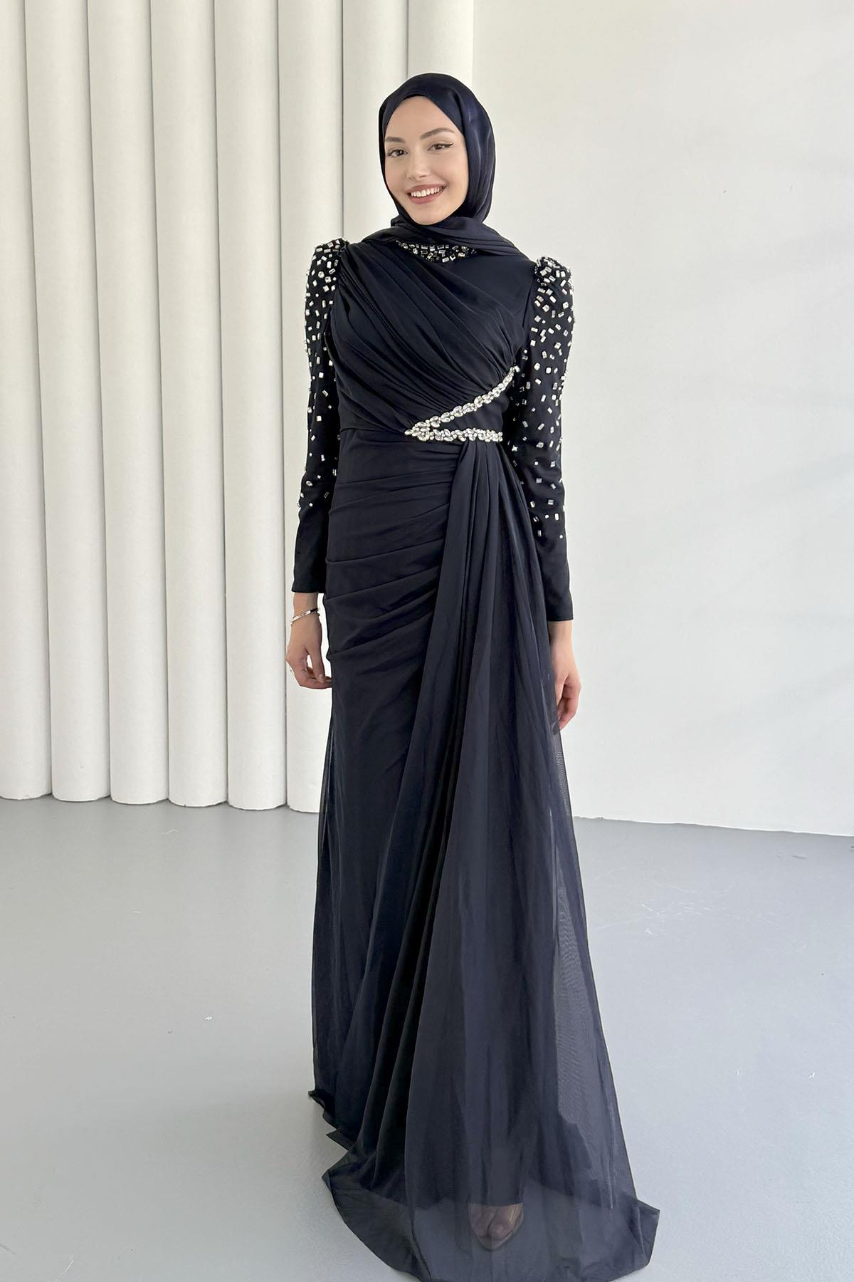 Vera Pelerin Ve Taş Detay Tül Tesettür Abiye-LACİVERT