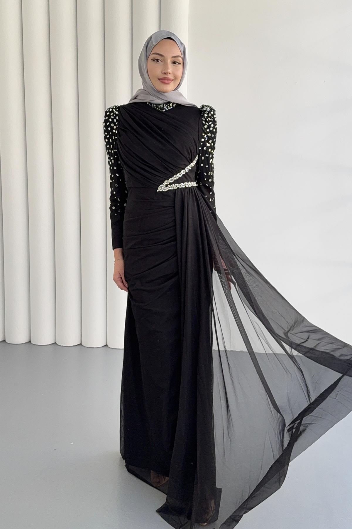 Vera Pelerin Ve Taş Detay Tül Tesettür Abiye-SİYAH