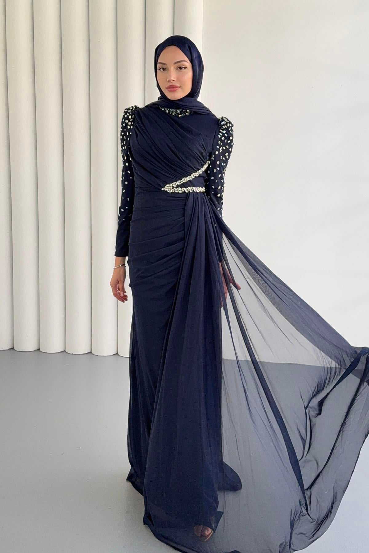 Vera Pelerin Ve Taş Detay Tül Tesettür Abiye-LACİVERT