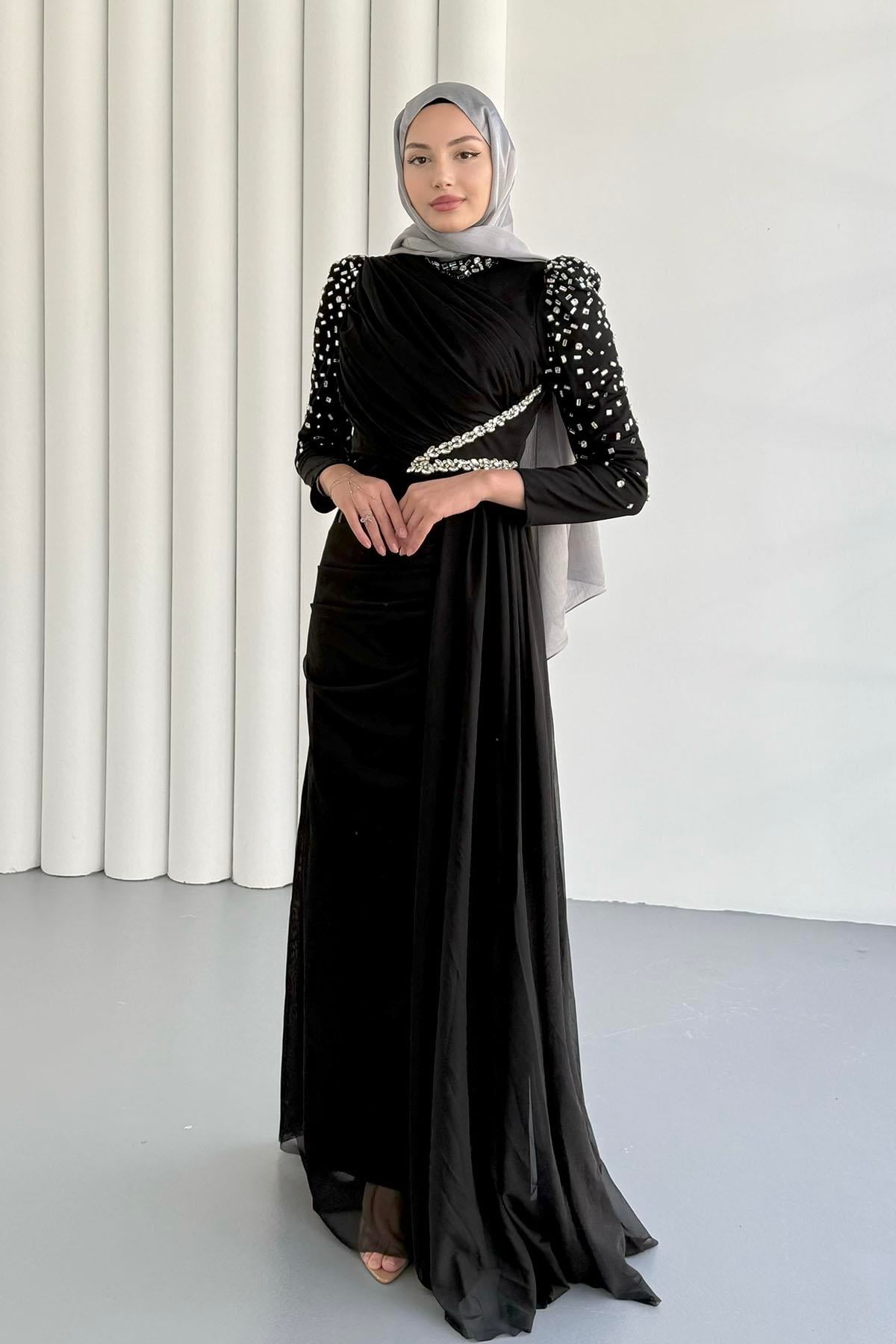 Vera Pelerin Ve Taş Detay Tül Tesettür Abiye-SİYAH