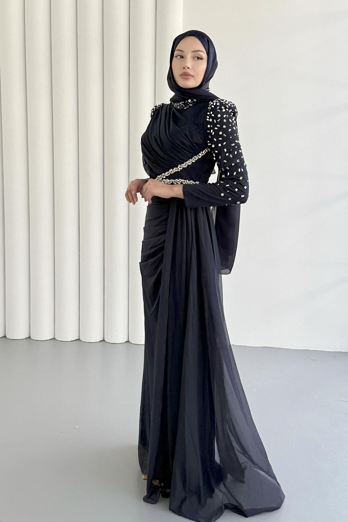 Vera Pelerin Ve Taş Detay Tül Tesettür Abiye-LACİVERT
