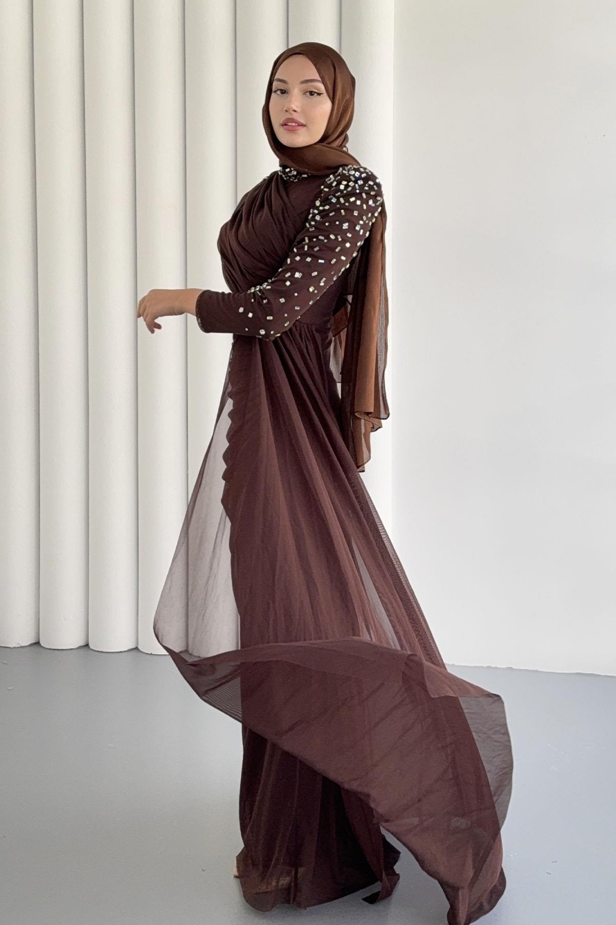 Vera Pelerin Ve Taş Detay Tül Tesettür Abiye-KAHVERENGİ