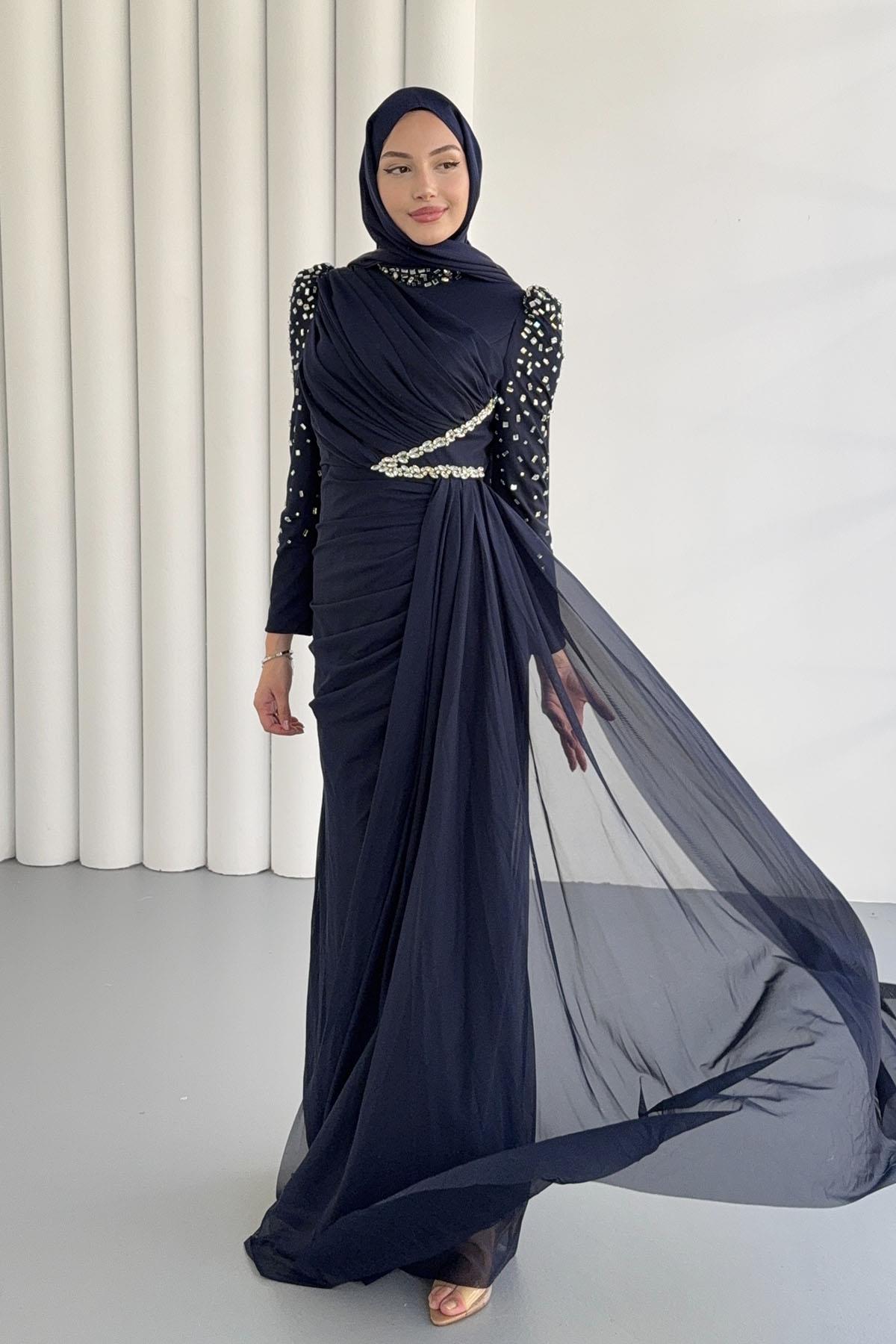 Vera Pelerin Ve Taş Detay Tül Tesettür Abiye-LACİVERT
