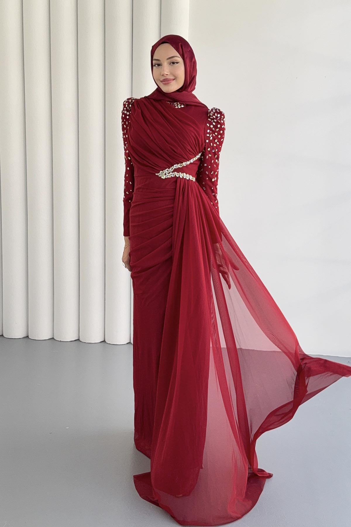 Vera Pelerin Ve Taş Detay Tül Tesettür Abiye-BORDO
