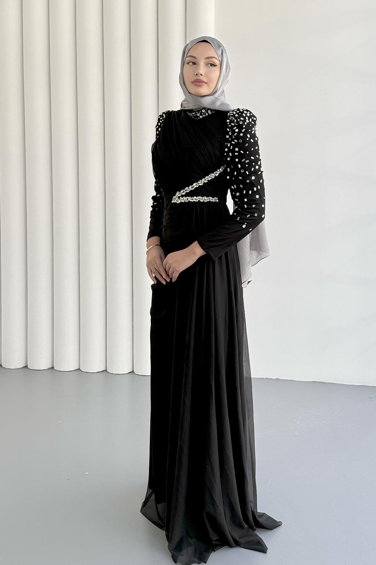 Vera Pelerin Ve Taş Detay Tül Tesettür Abiye-SİYAH