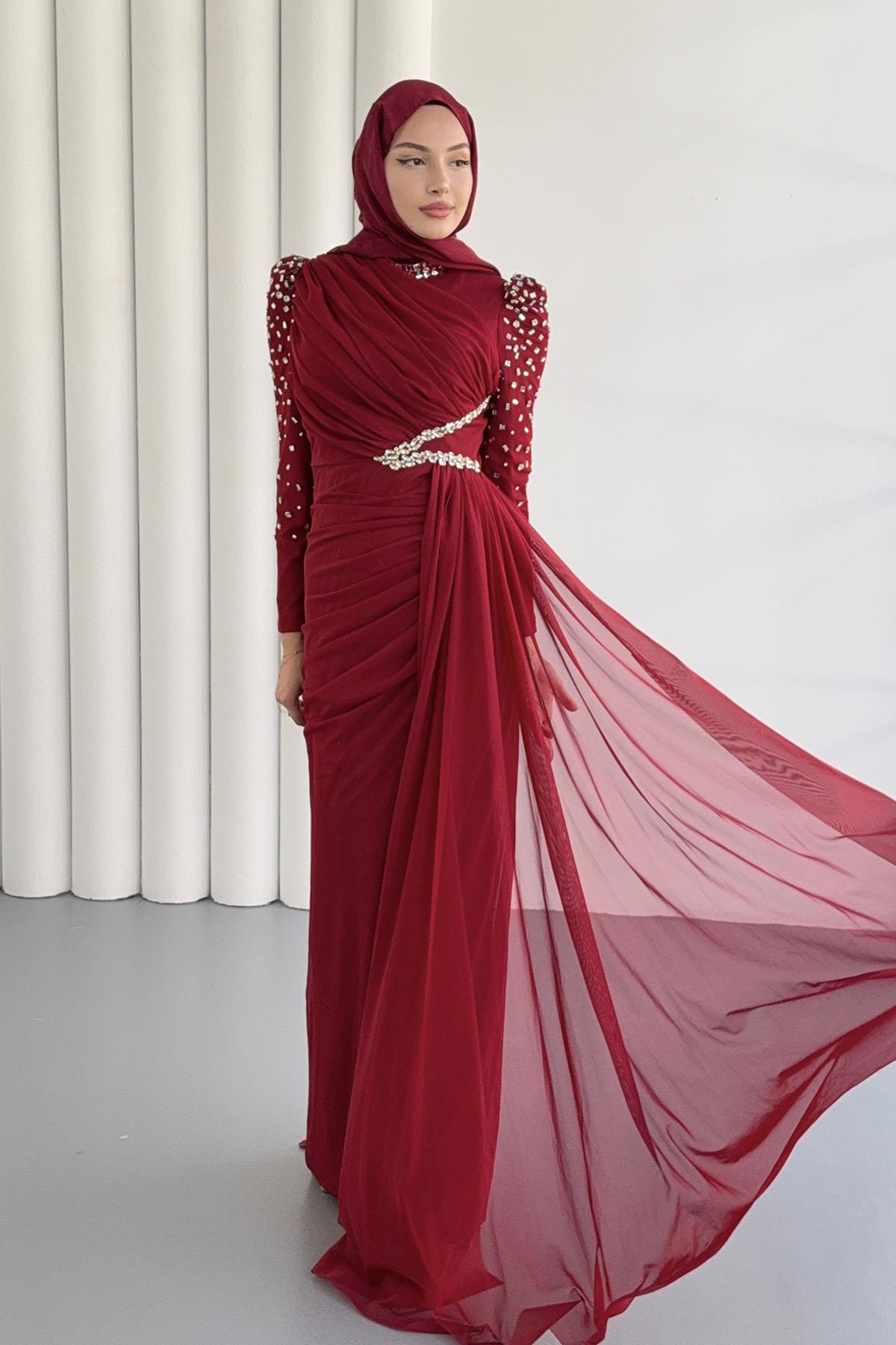 Vera Pelerin Ve Taş Detay Tül Tesettür Abiye-BORDO
