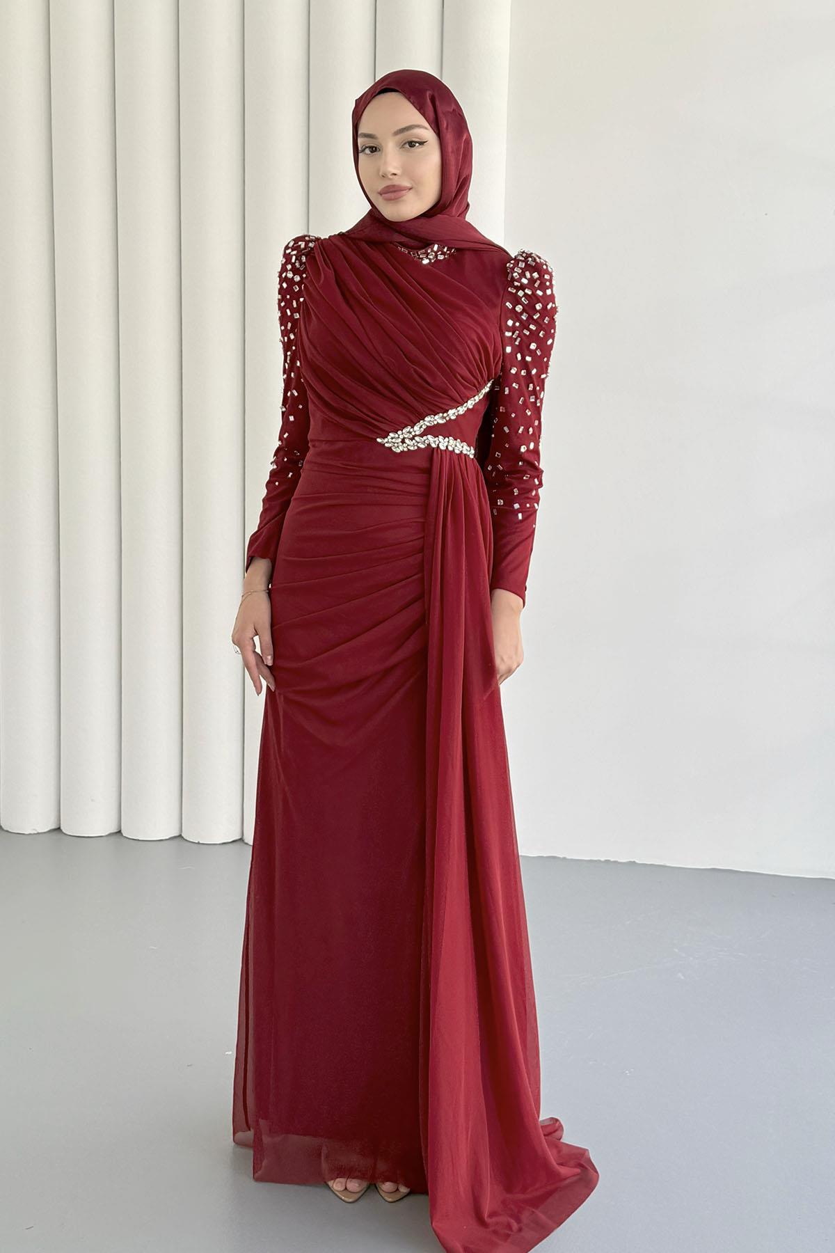 Vera Pelerin Ve Taş Detay Tül Tesettür Abiye-BORDO