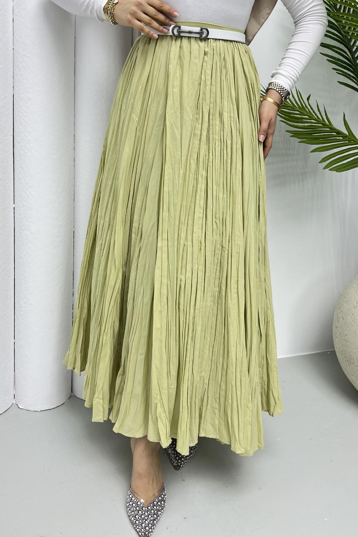 Vual Craşlı Pamuk Etek-MİNT YEŞİLİ