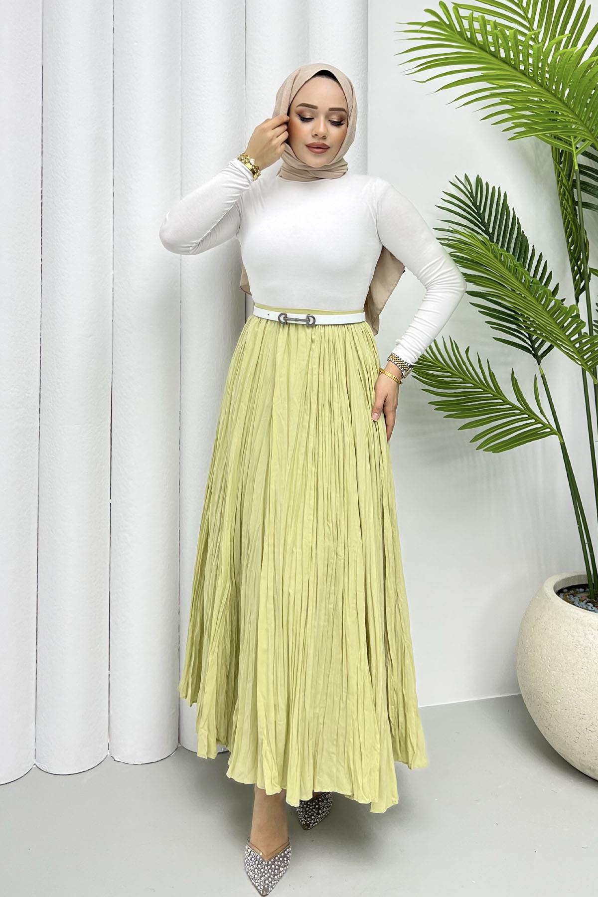 Vual Craşlı Pamuk Etek-MİNT YEŞİLİ