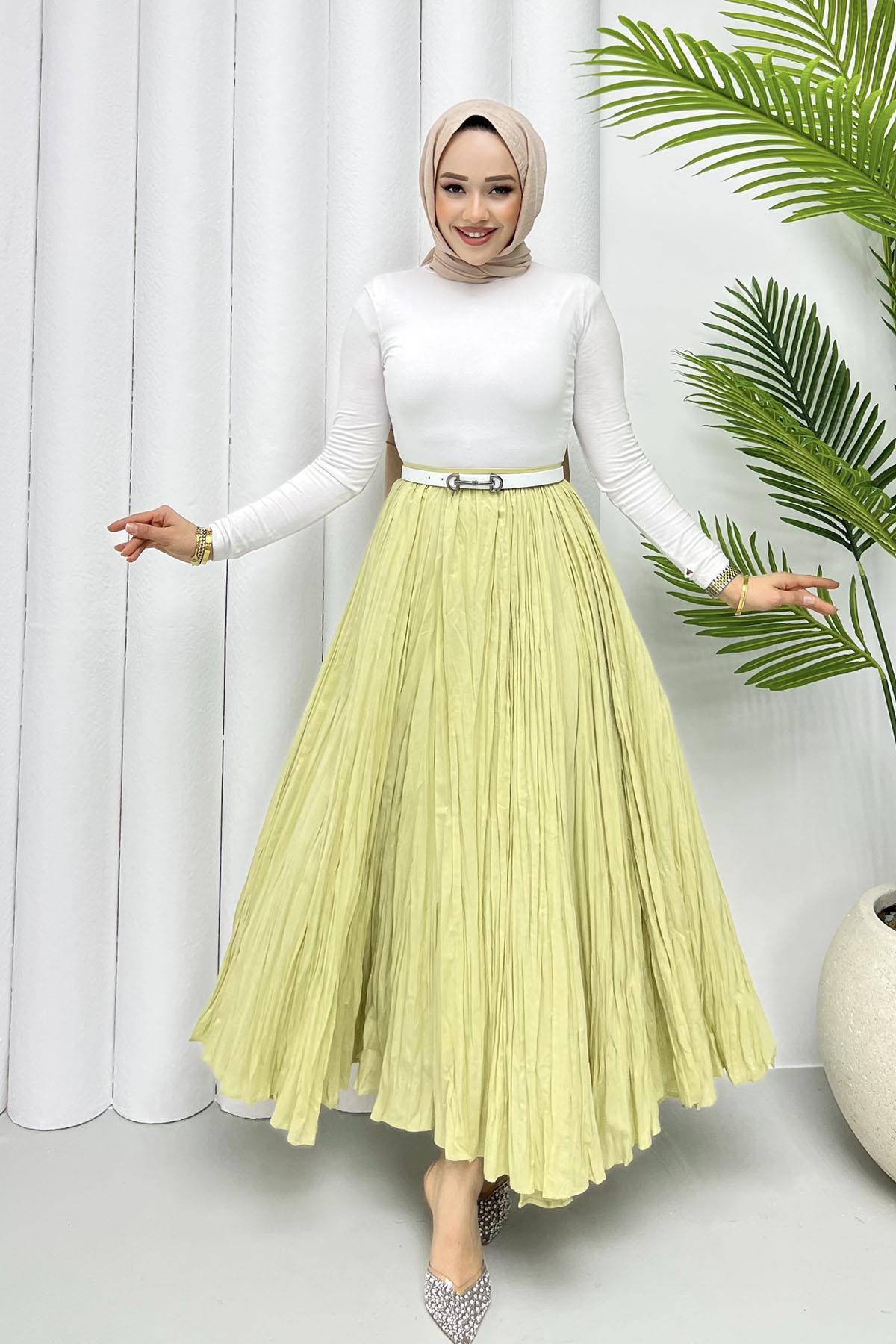 Vual Craşlı Pamuk Etek-MİNT YEŞİLİ