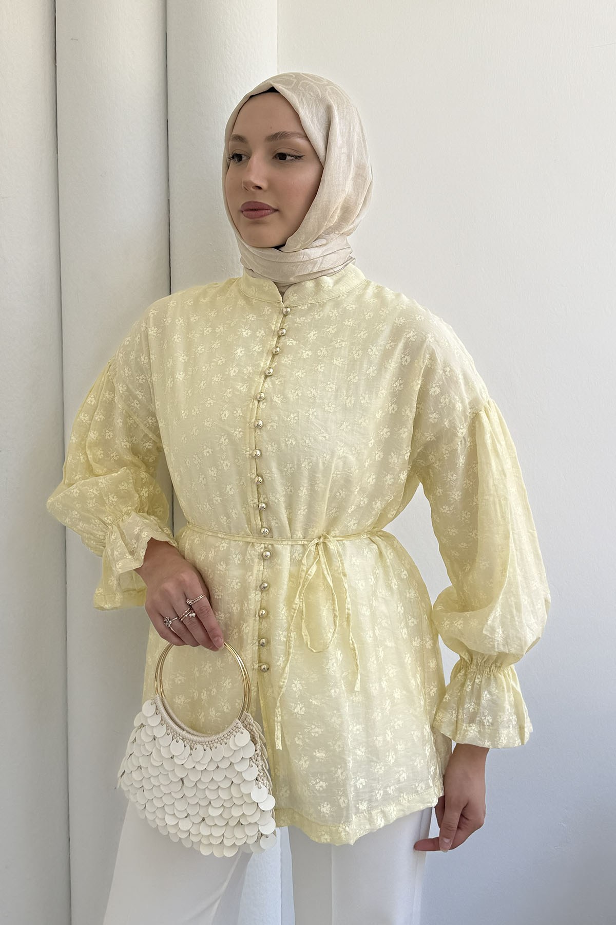 Vual Kumaş Çiçek Desenli Önü Düğmeli Gömlek-SARI