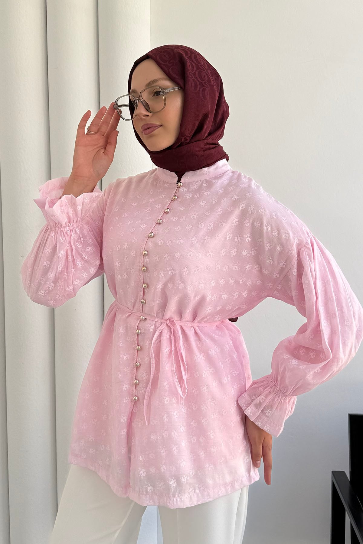 Vual Kumaş Çiçek Desenli Önü Düğmeli Gömlek-PEMBE