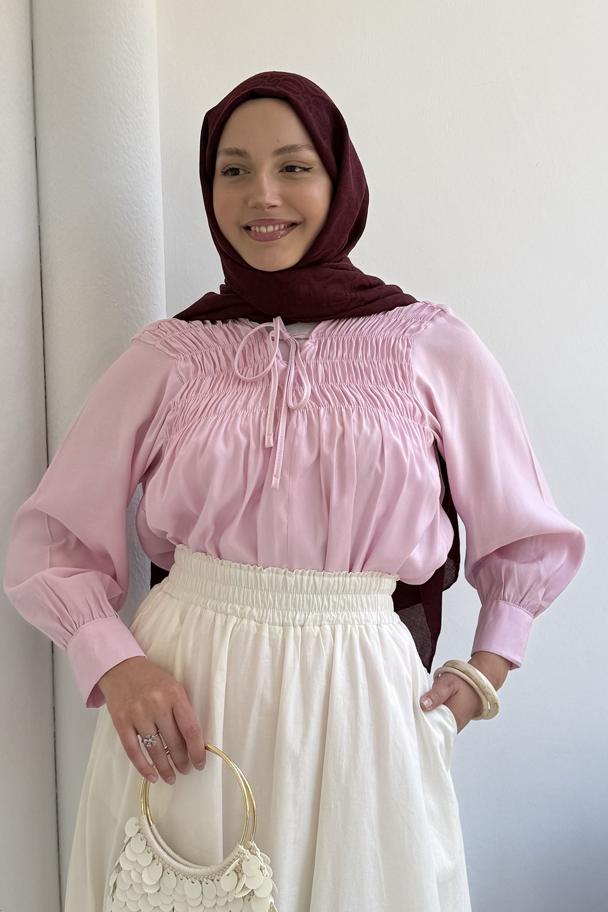 Yaka Bağçıklı Göğüs Büzgü Detaylı Gömlek-PEMBE