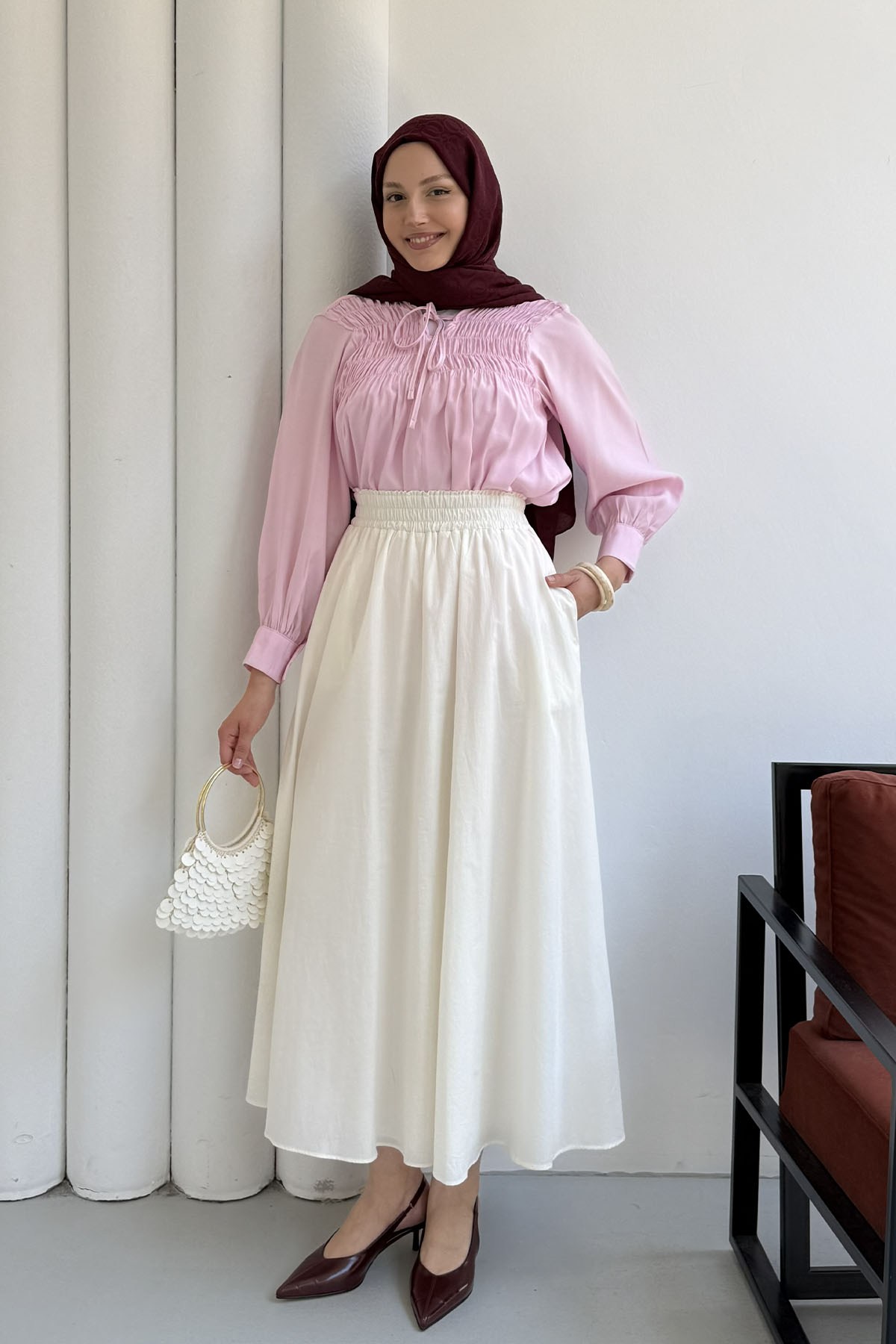 Yaka Bağçıklı Göğüs Büzgü Detaylı Gömlek-PEMBE