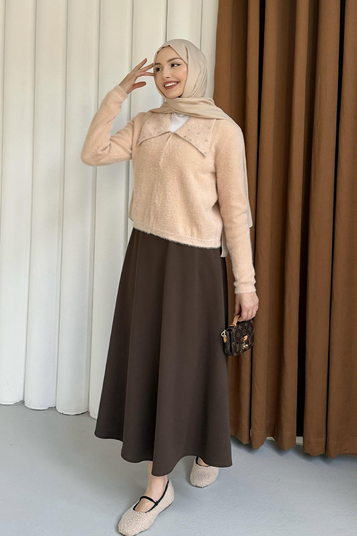 Yaka Taş Detaylı Fermuarlı Triko Hırka-PUDRA