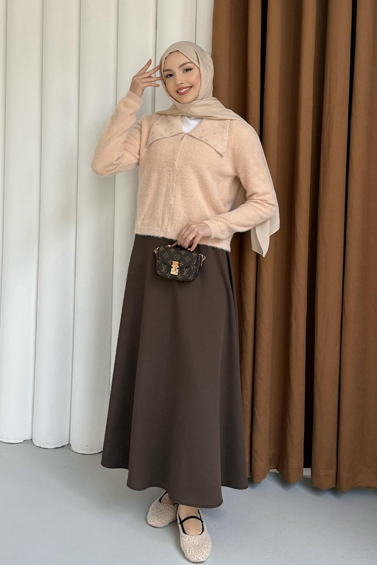 Yaka Taş Detaylı Fermuarlı Triko Hırka-PUDRA