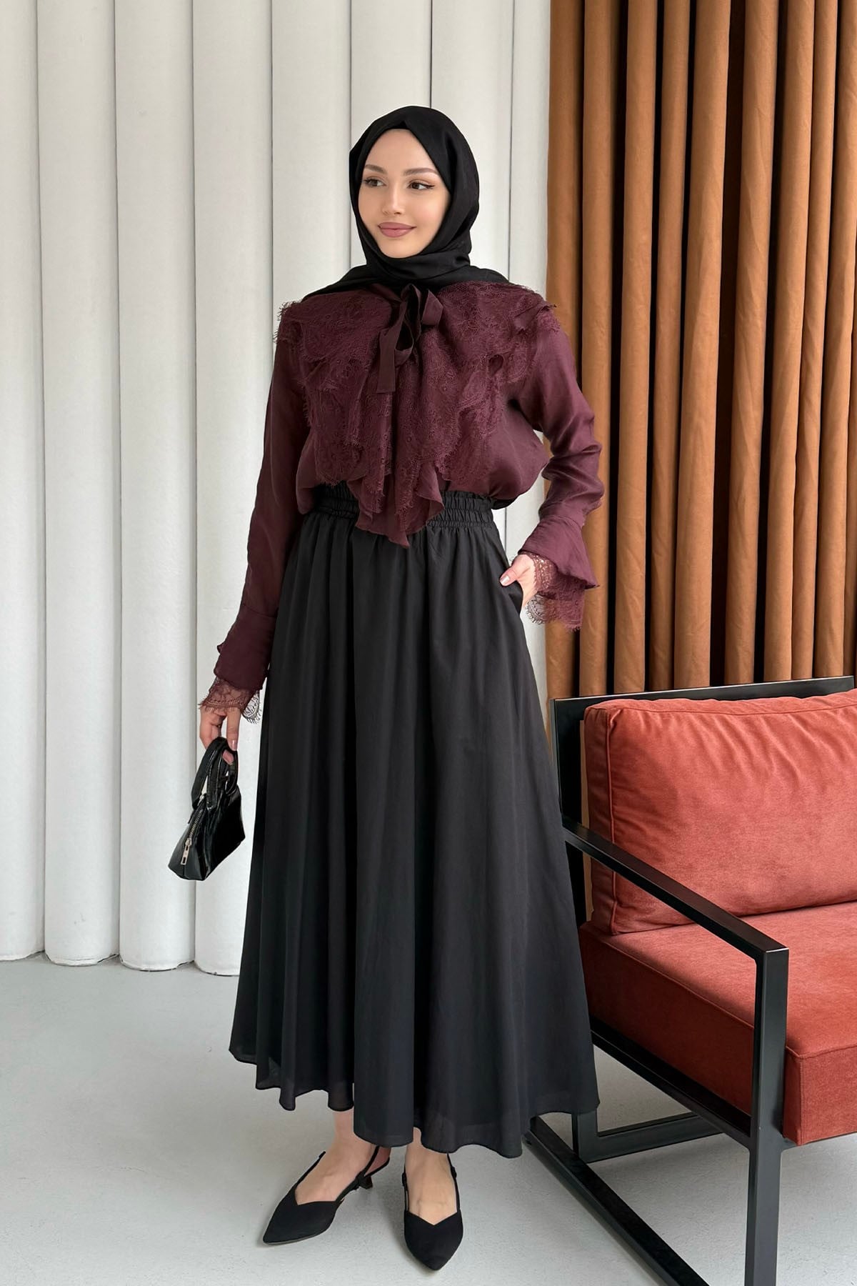 Yaka Ve Kol Dantel Fırfır Detay Gömlek-BORDO