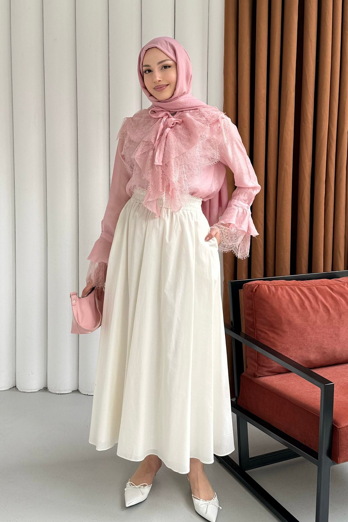 Yaka Ve Kol Dantel Fırfır Detay Gömlek-PEMBE