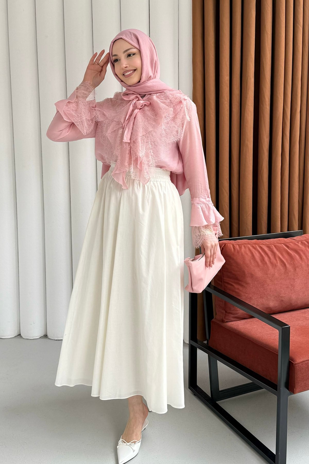 Yaka Ve Kol Dantel Fırfır Detay Gömlek-PEMBE