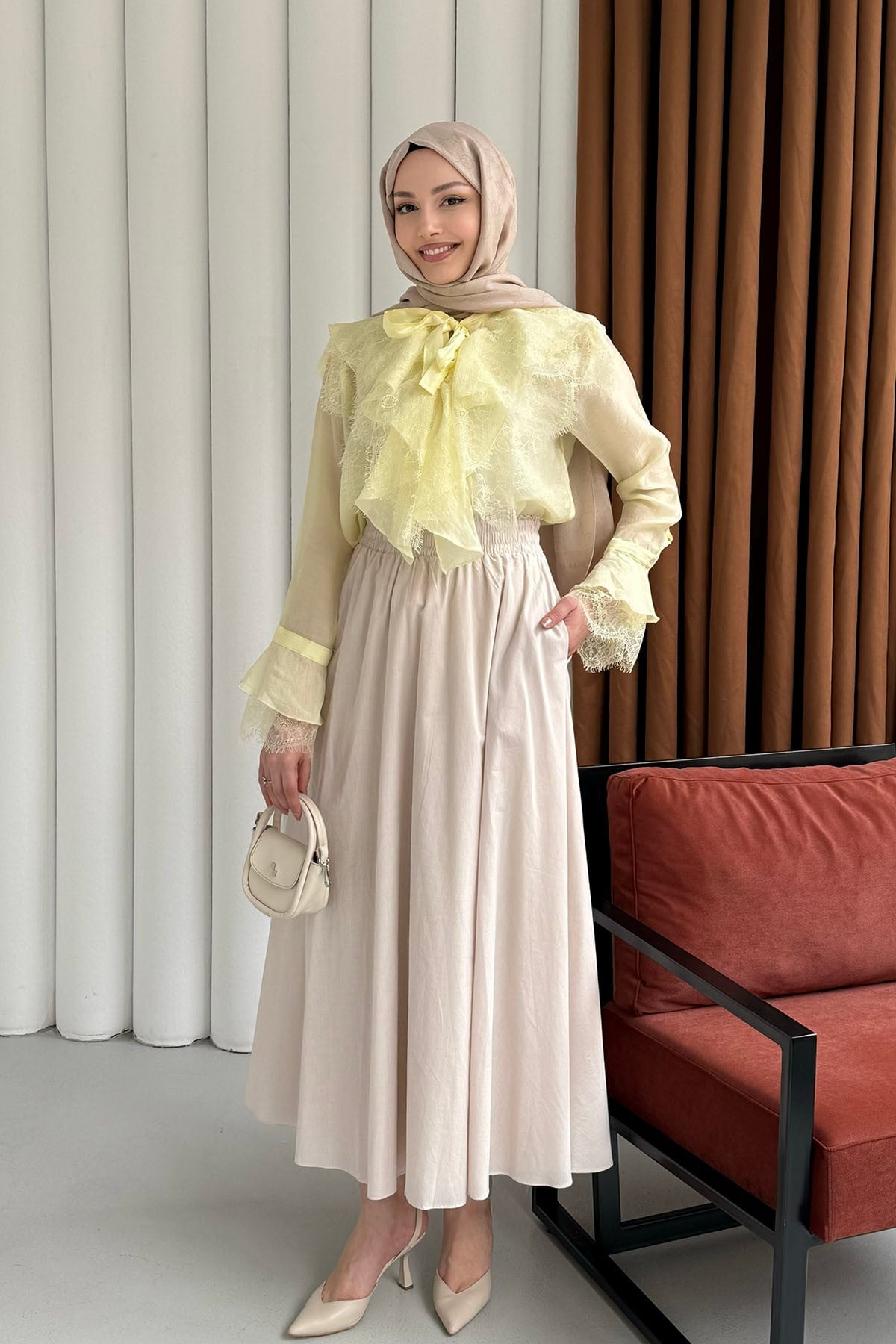 Yaka Ve Kol Dantel Fırfır Detay Gömlek-SARI