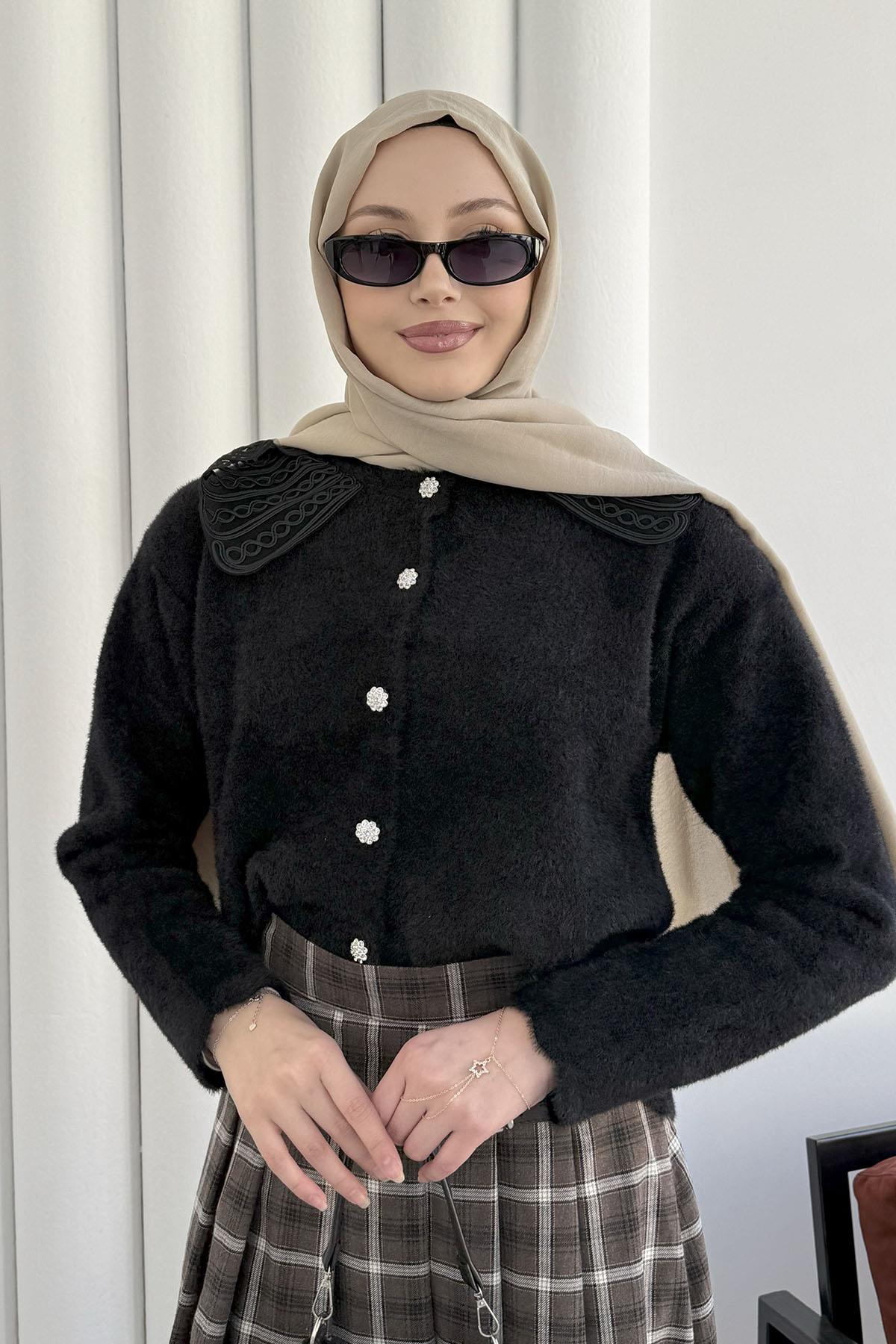 Yakası Dantel Detaylı Premium Yumoş Hırka-SİYAH