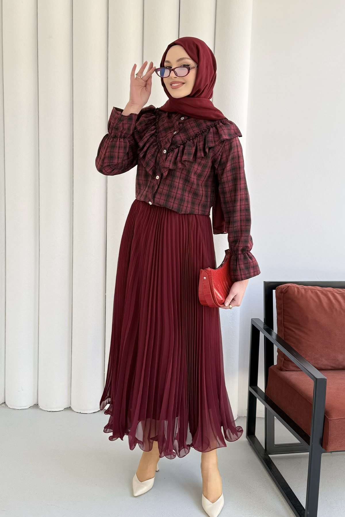Yakası Fırfırlı Ekose Gömlek-BORDO