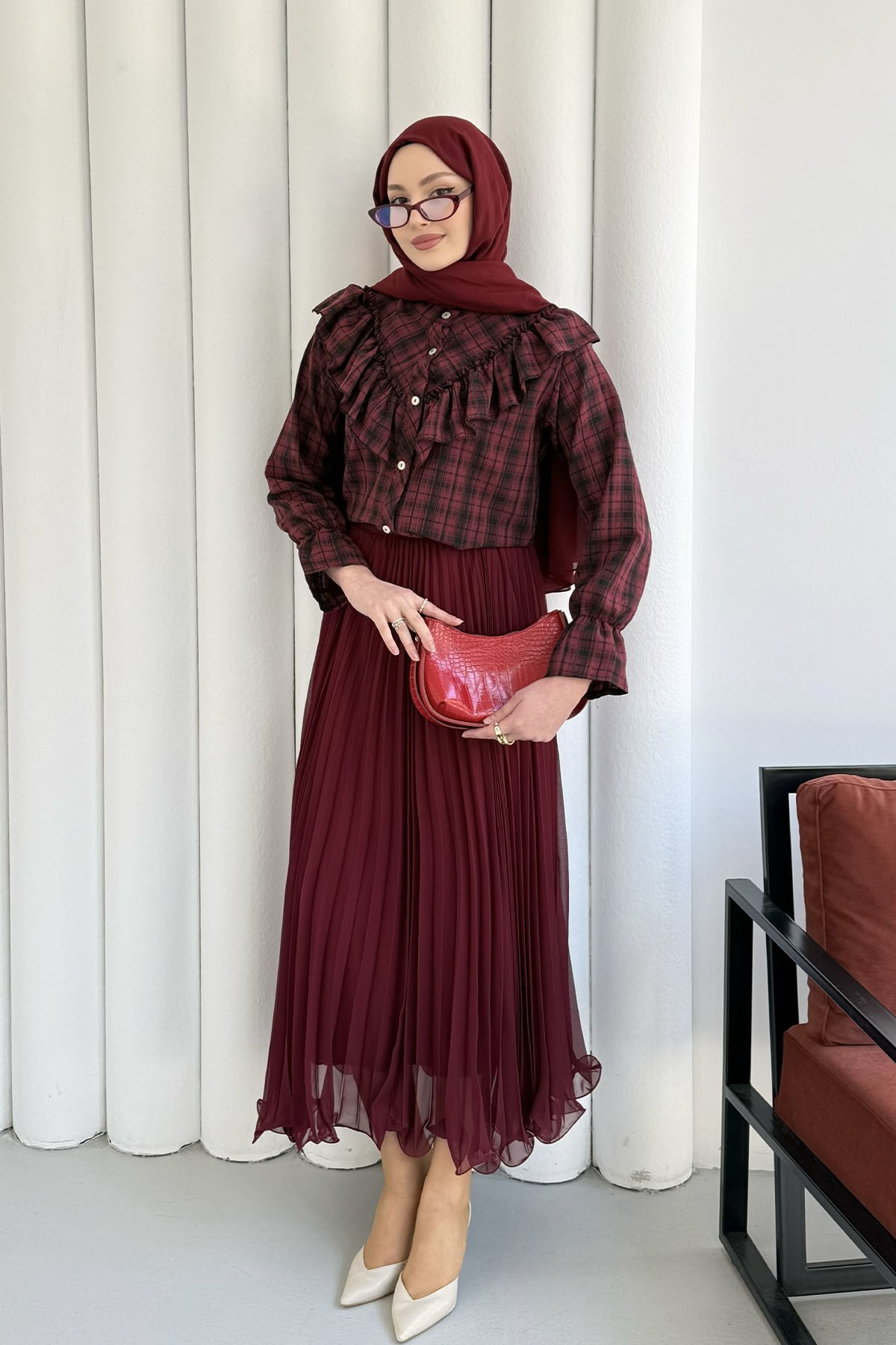 Yakası Fırfırlı Ekose Gömlek-BORDO