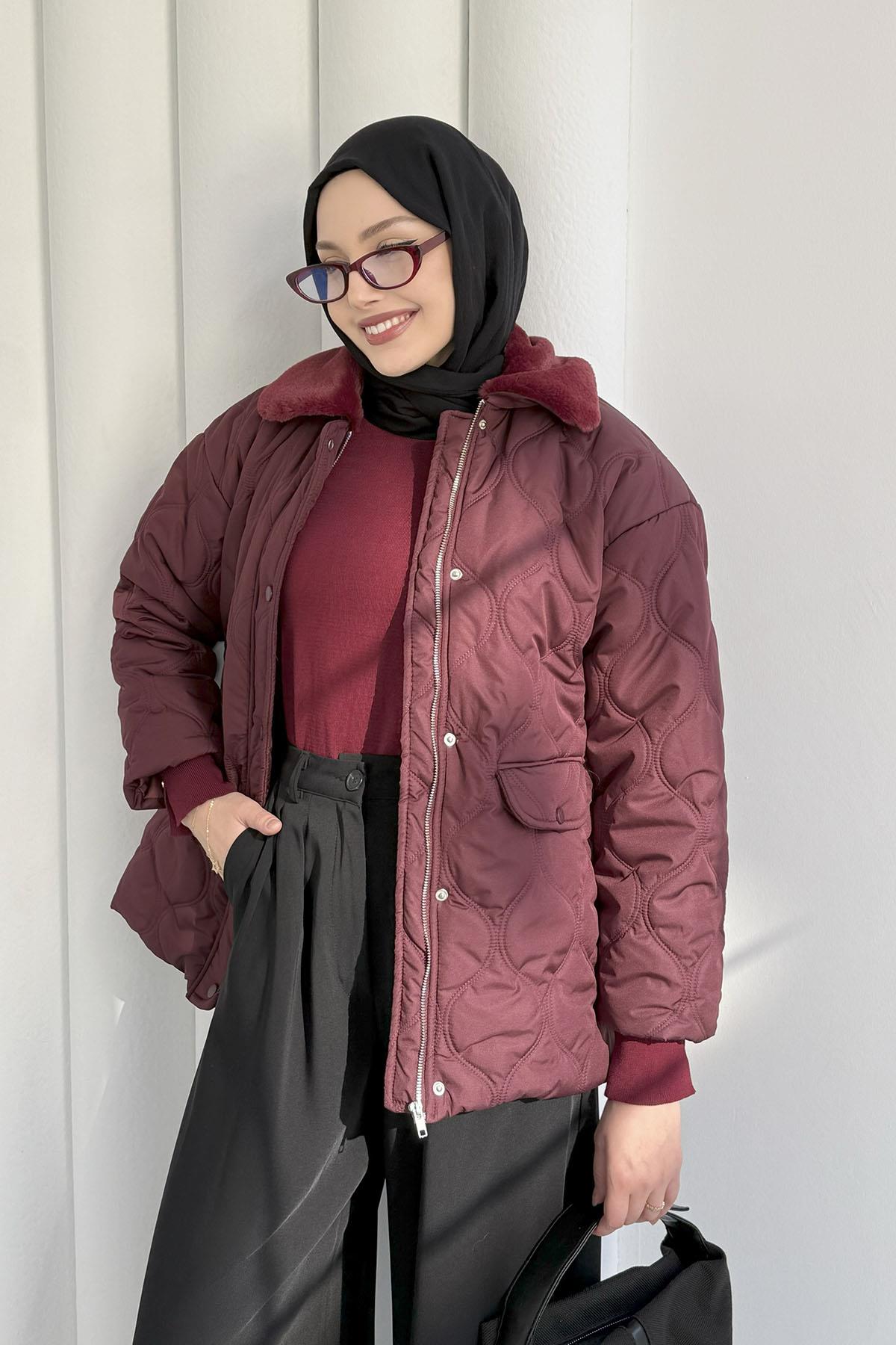 Yakası Kürklü Kapitone Şişme Mont-BORDO