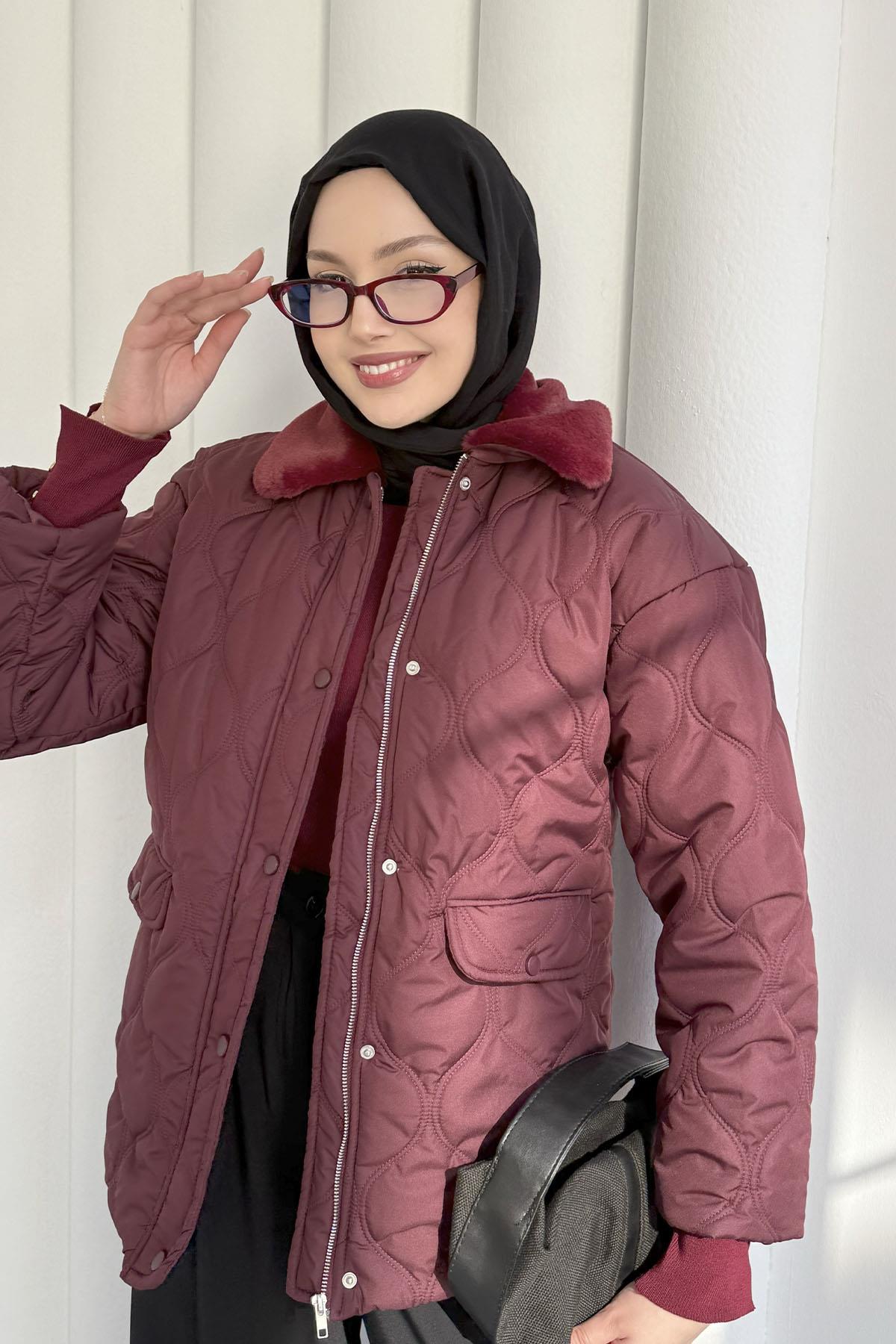 Yakası Kürklü Kapitone Şişme Mont-BORDO