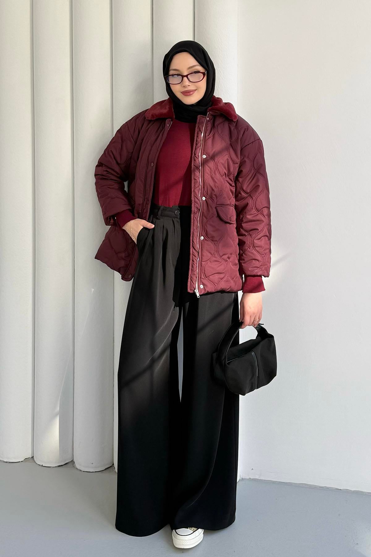 Yakası Kürklü Kapitone Şişme Mont-BORDO