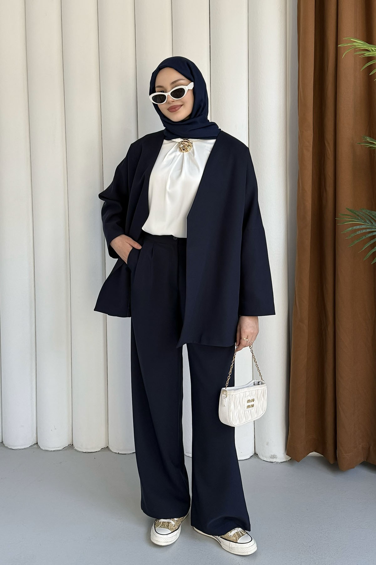 Yakasız Kemer Detaylı Ceket-LACİVERT