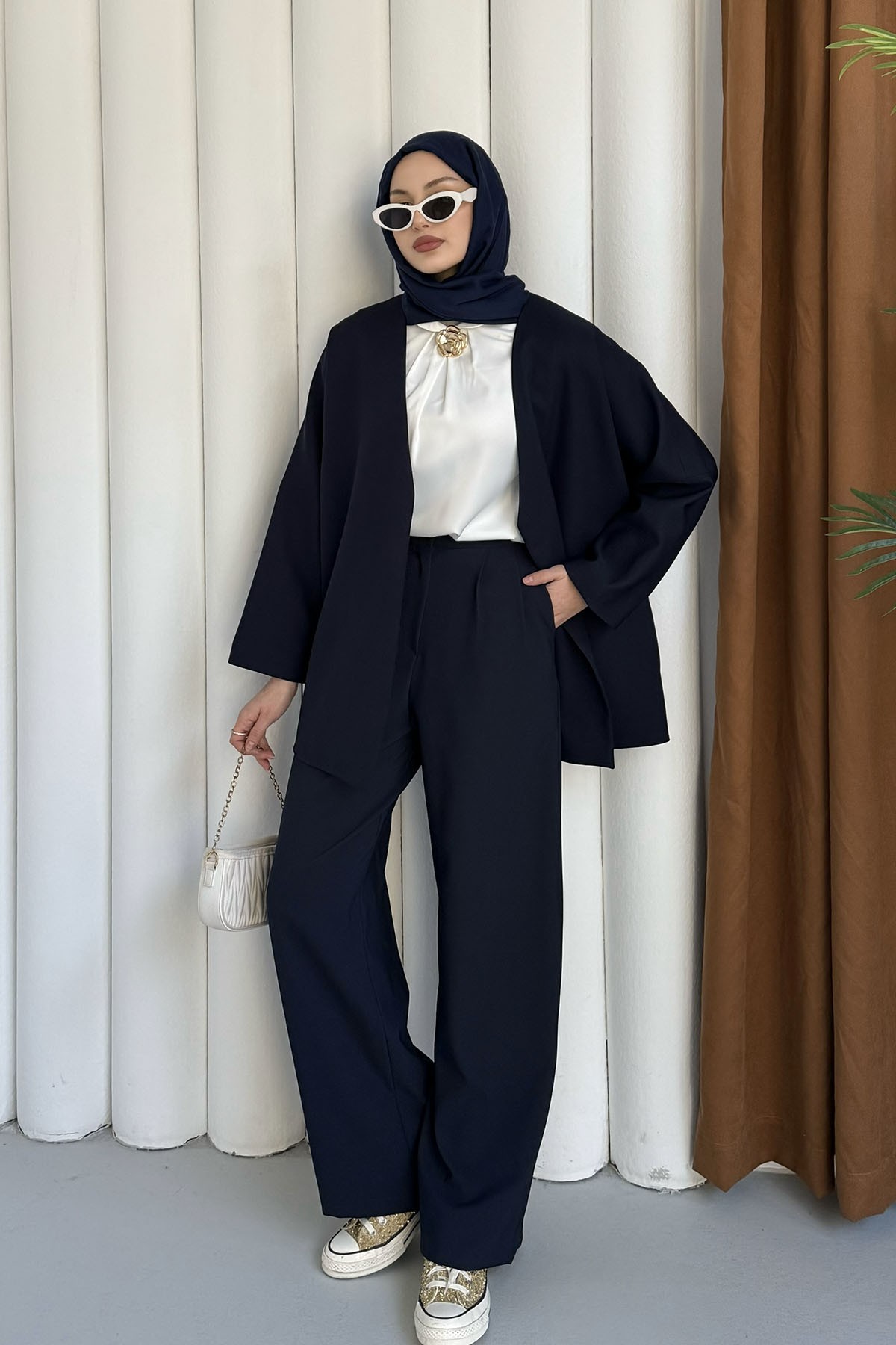 Yakasız Kemer Detaylı Ceket-LACİVERT