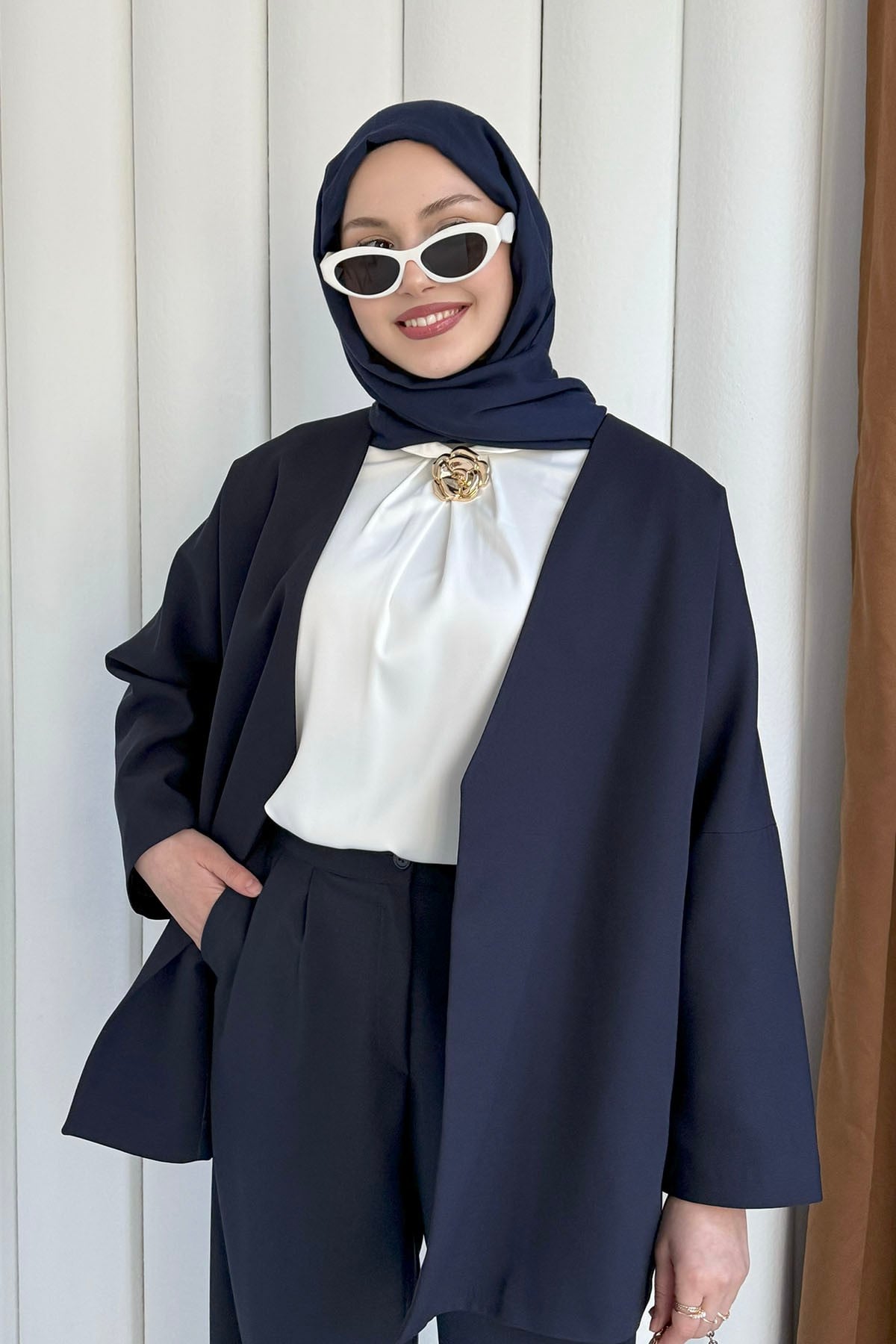 Yakasız Kemer Detaylı Ceket-LACİVERT