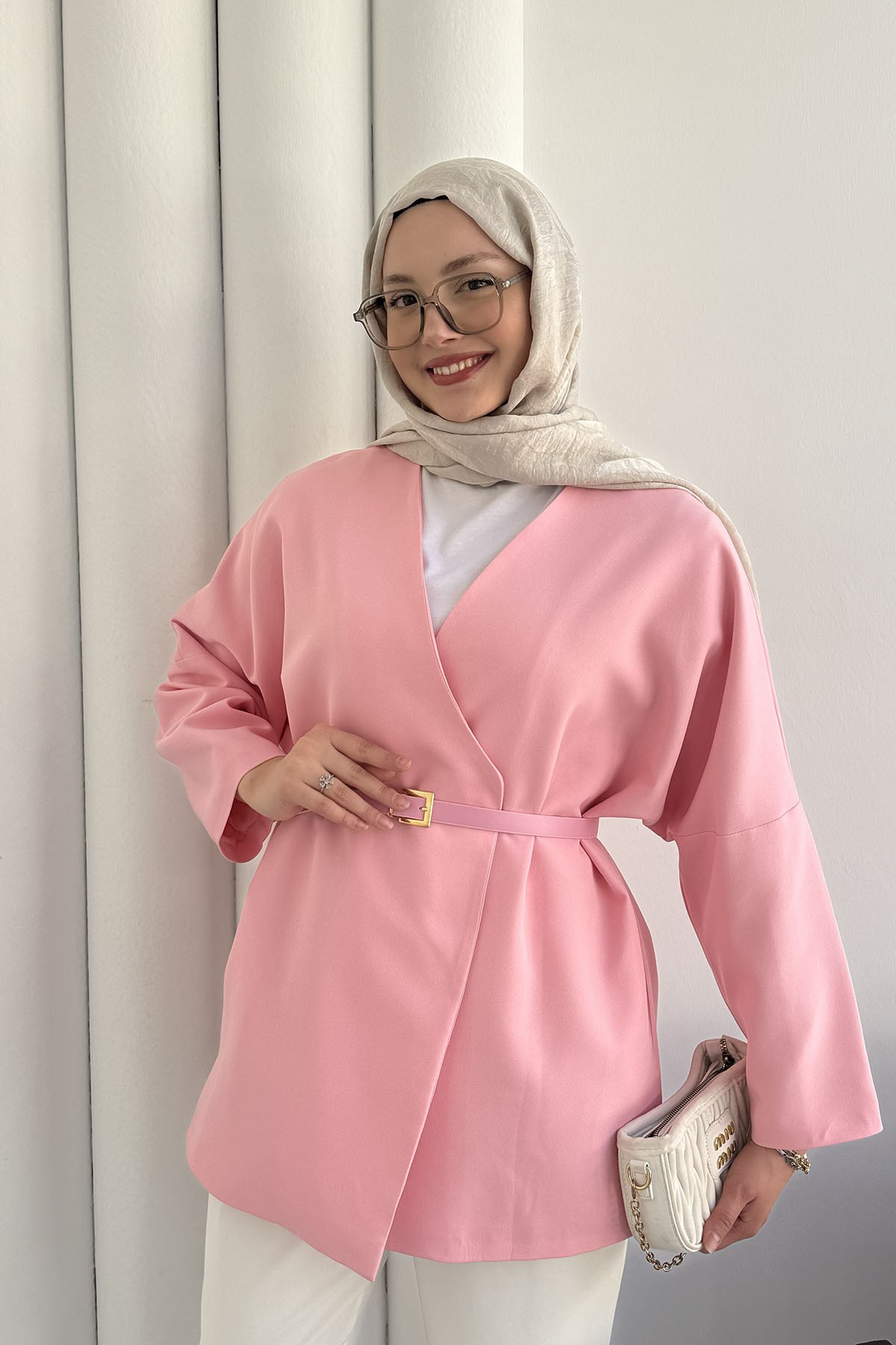 Yakasız Kemer Detaylı Ceket-PEMBE
