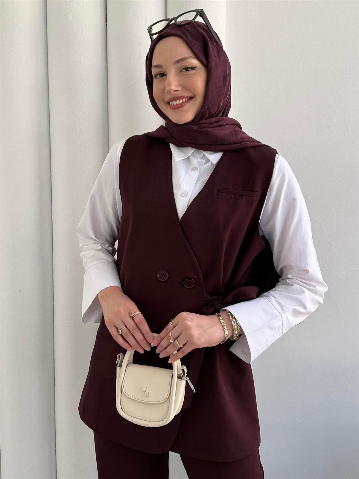 Yan Bağlama Detaylı Yelekli Pantolon Tesettür Takım-BORDO