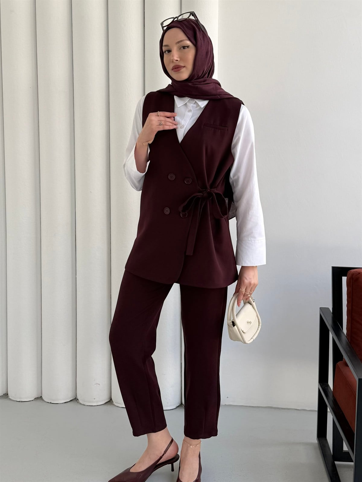 Yan Bağlama Detaylı Yelekli Pantolon Tesettür Takım-BORDO