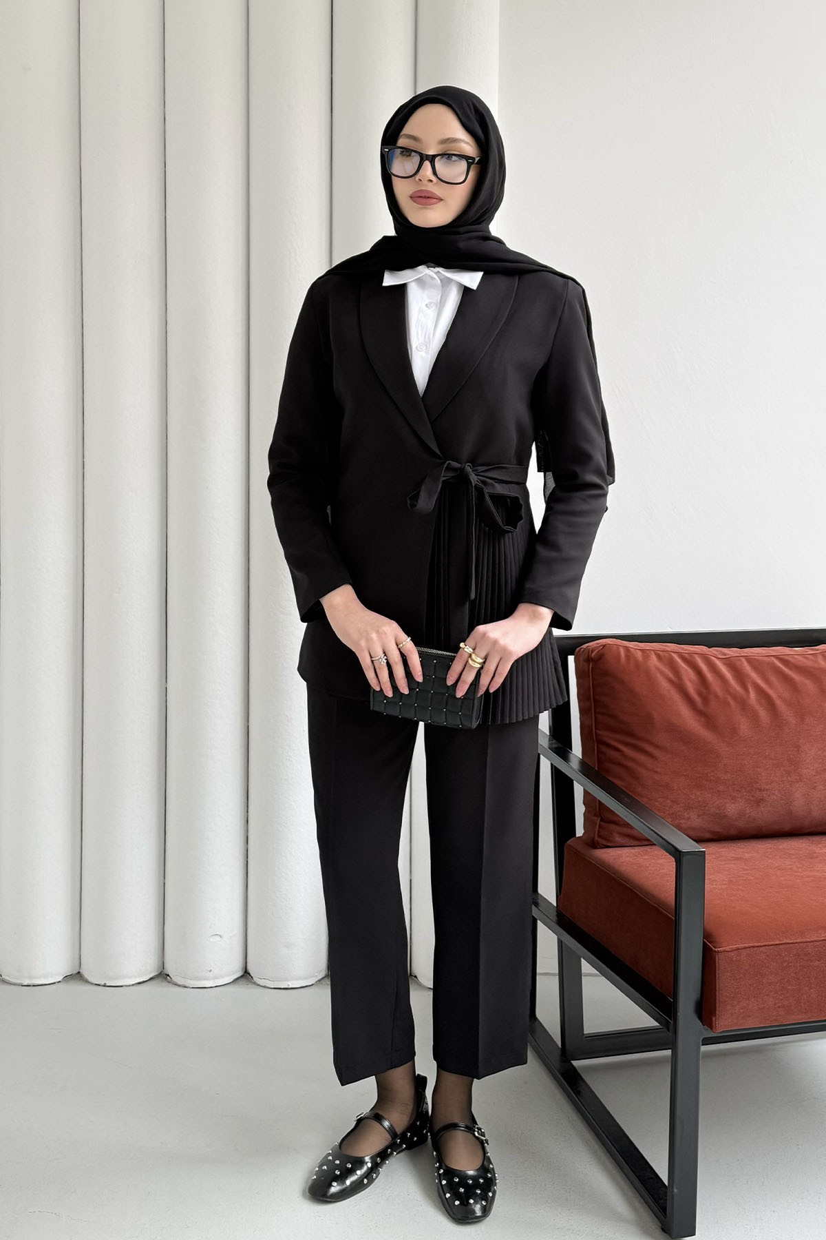 Yan Bağlamalı Pilise Detay Blazer Ceket-SİYAH