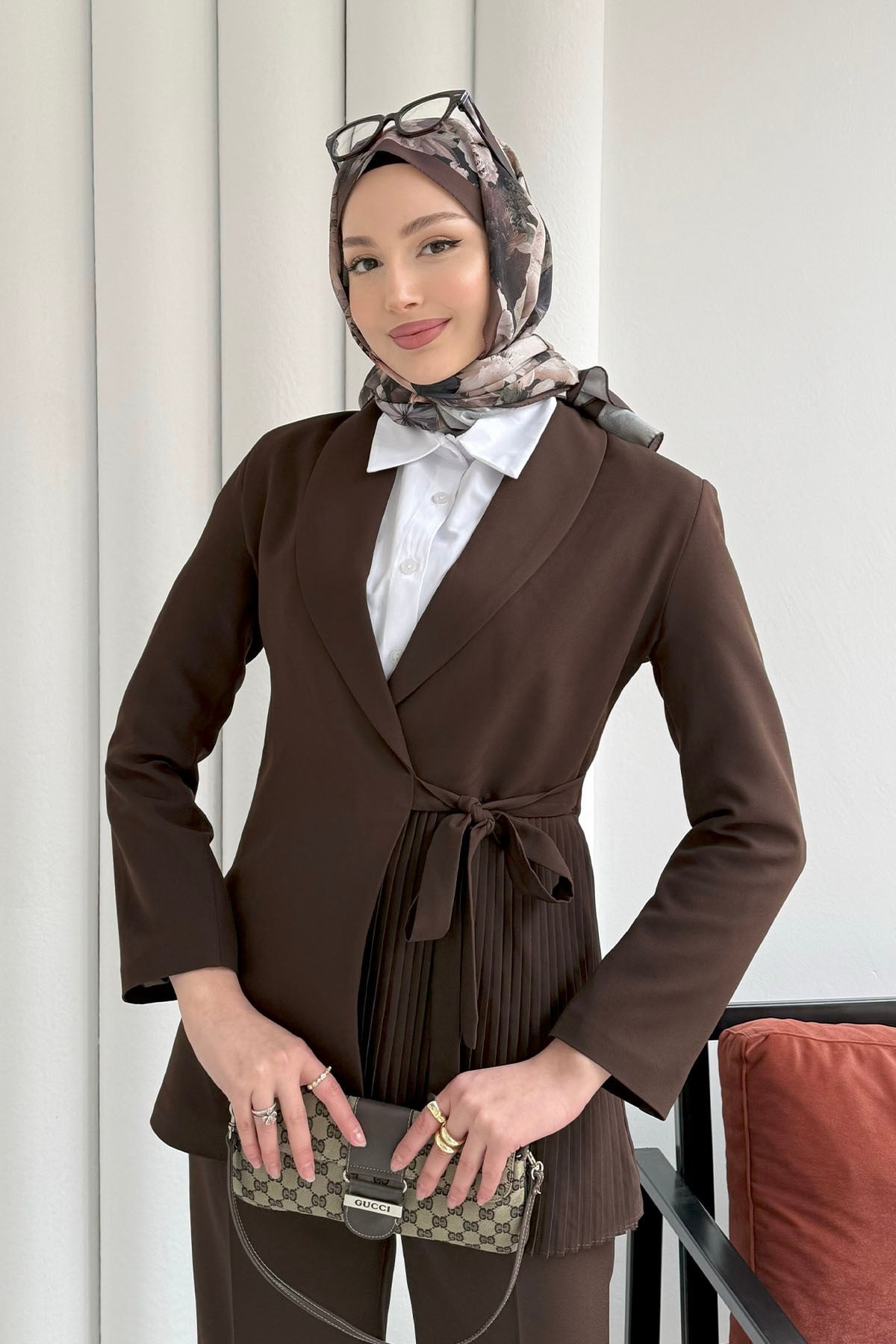 Yan Bağlamalı Pilise Detay Blazer Ceket-KAHVERENGİ